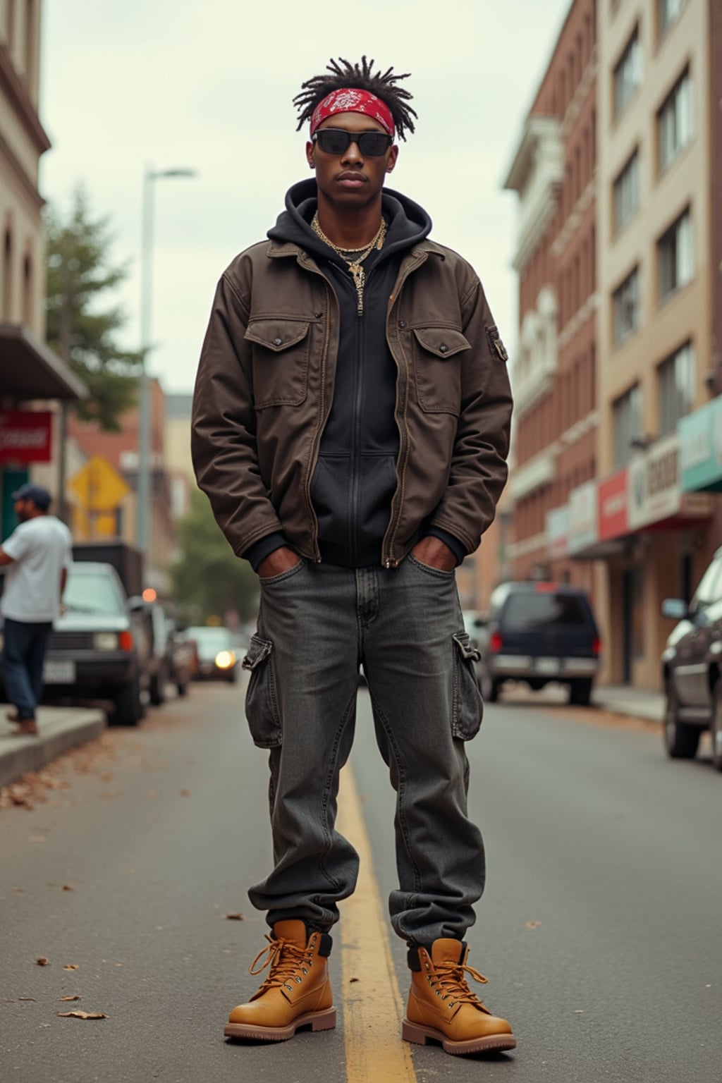 full body photo of High-energy street 1990s rap photoshoot.  Timberlands, bandana, rap star energy. Classic 90s hip-hop vibes.