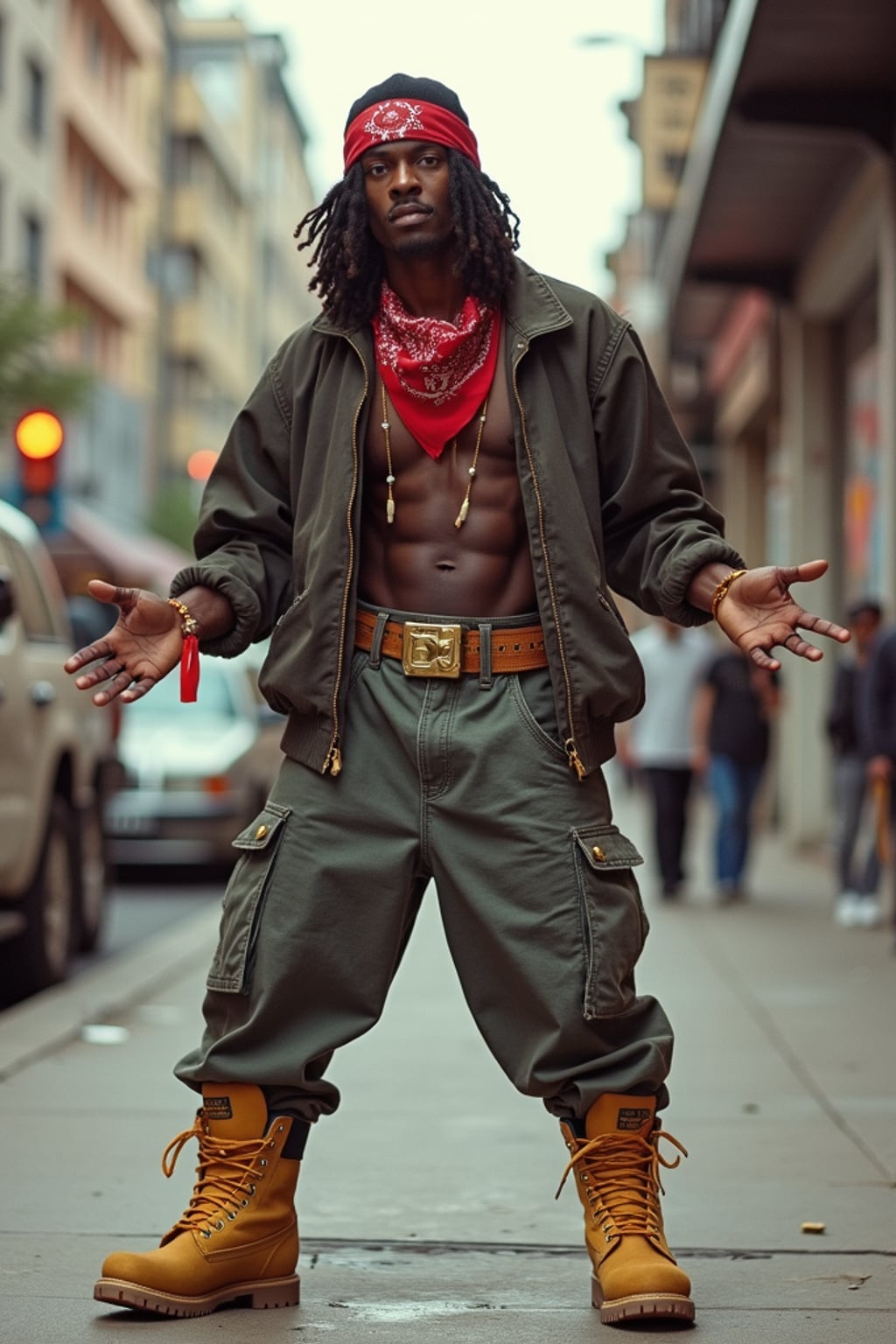 full body photo of High-energy street 1990s rap photoshoot.  Timberlands, bandana, rap star energy. Classic 90s hip-hop vibes.