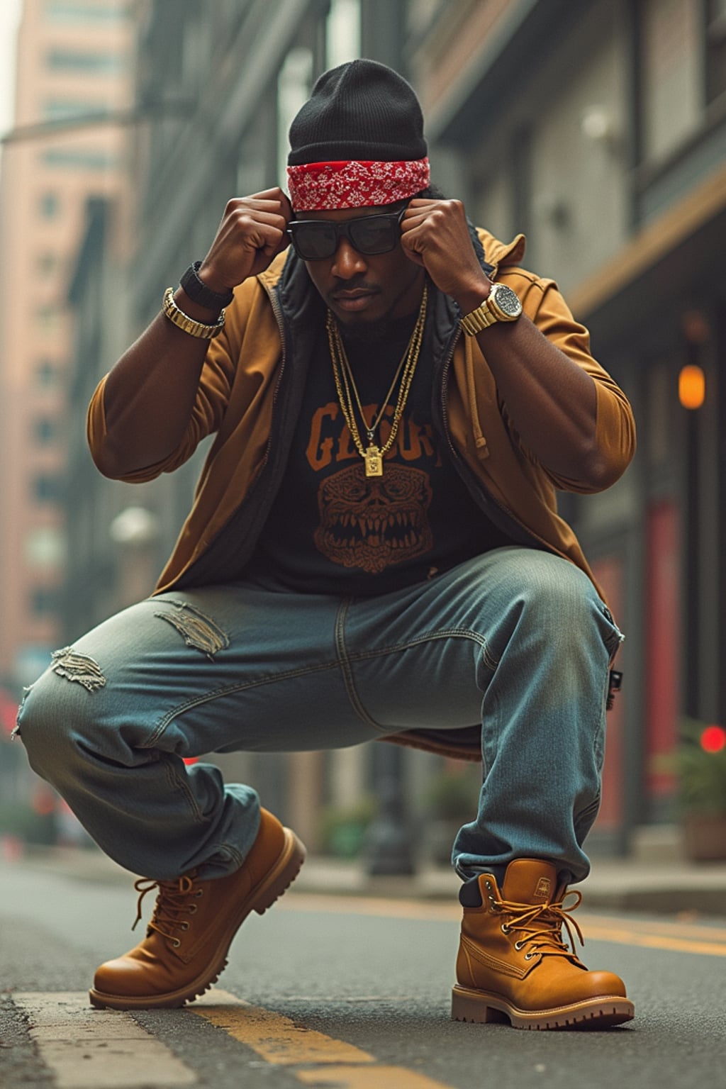 full body photo of High-energy street 1990s rap photoshoot.  Timberlands, bandana, rap star energy. Classic 90s hip-hop vibes.