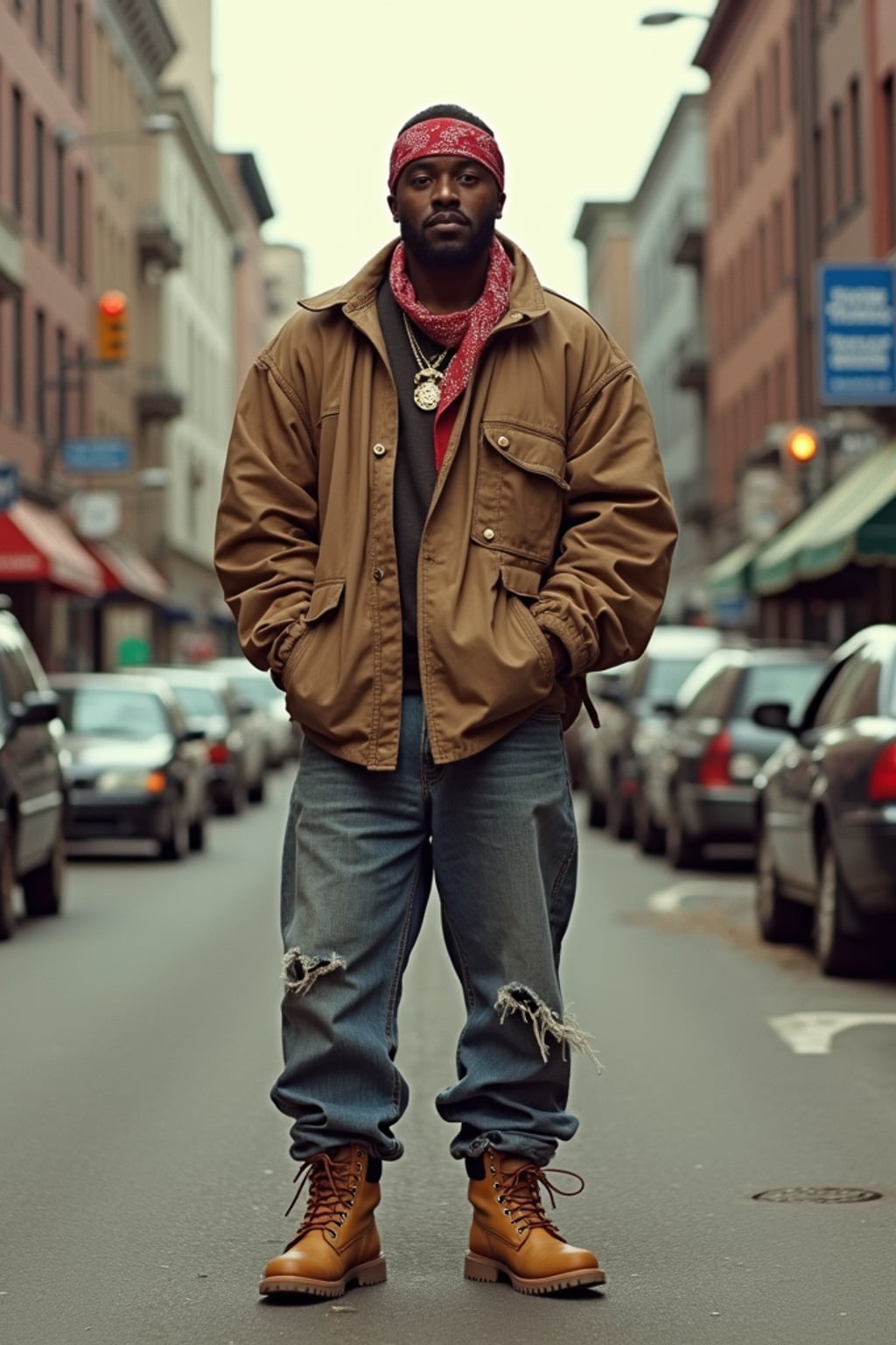 full body photo of High-energy street 1990s rap photoshoot.  Timberlands, bandana, rap star energy. Classic 90s hip-hop vibes.