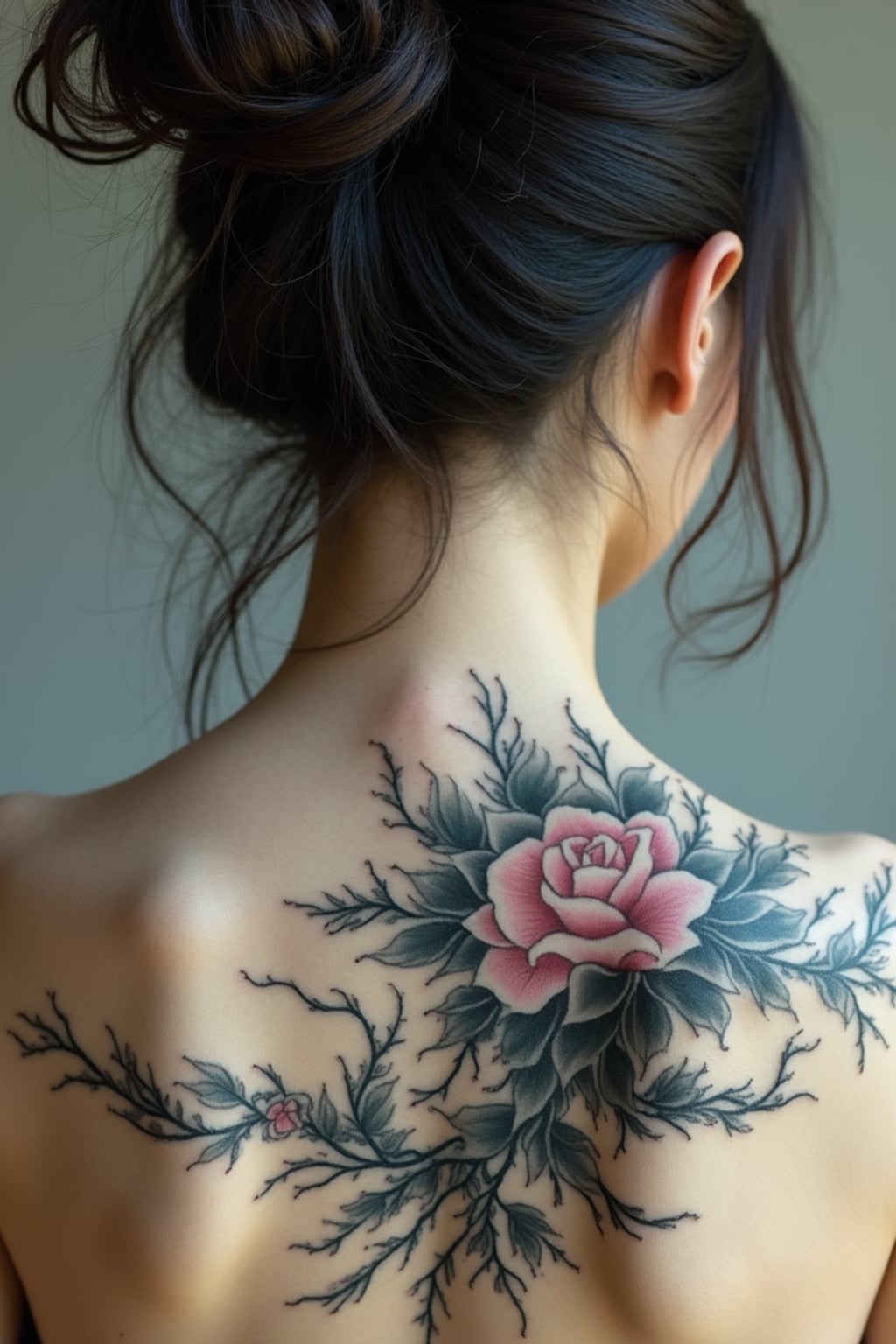 Model with a surrealist tattoo aesthetic. Dreamy cloud-like tattoos on the back, floating imagery . Mind-bending design.