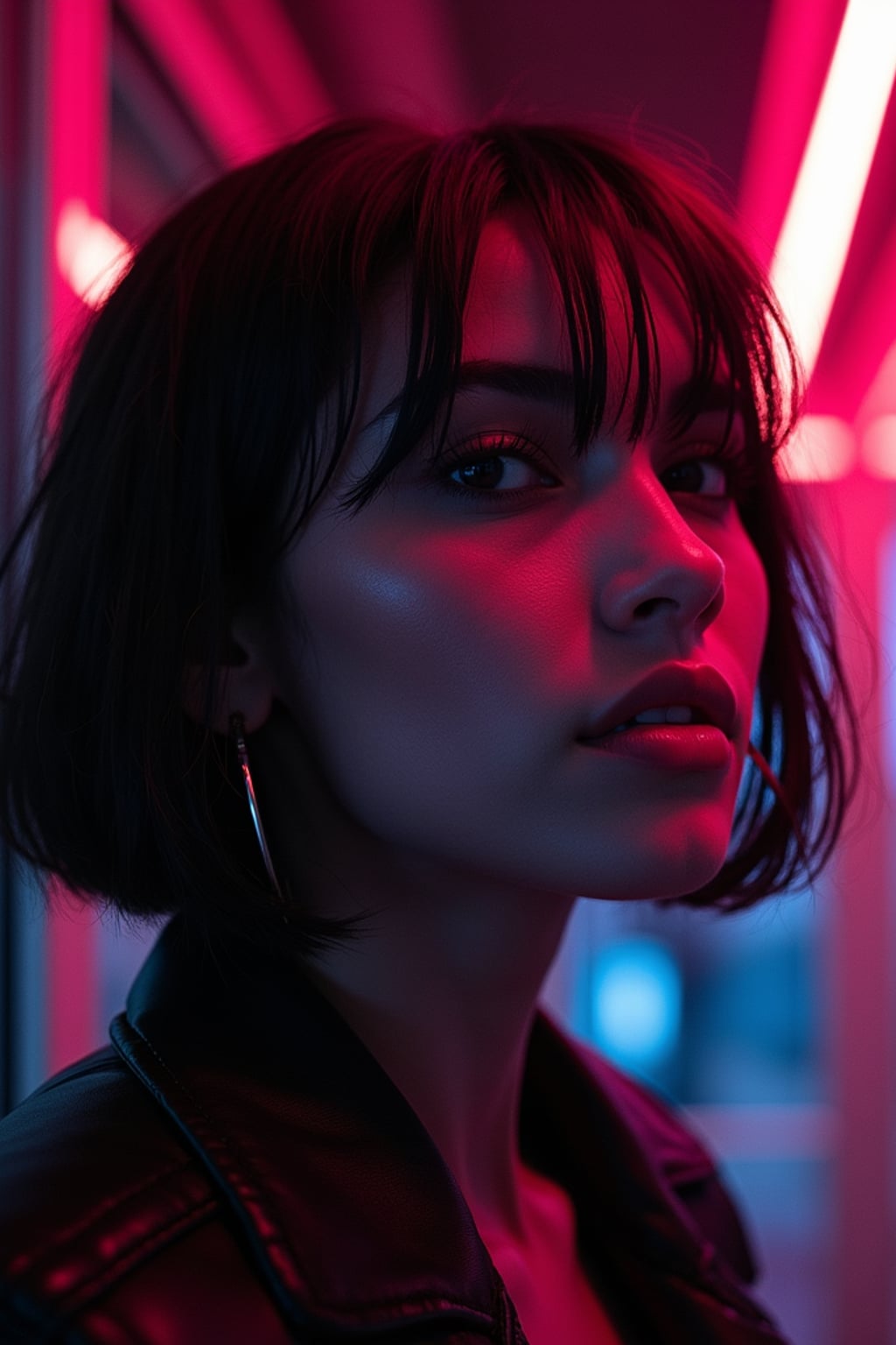 Close-up portrait under glowing neon signs.  Shadows and glowing reflections, cool futuristic aesthetic. Sci-fi inspired photography.