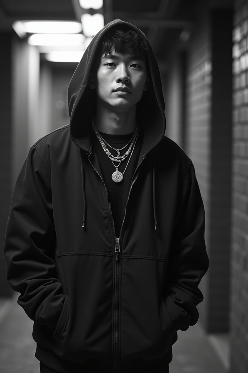 black and white album cover, full body photo of Model posing for a 1990s rap album cover.  Wearing a hoodie, gold grill, flexing jewelry. Dark moody lighting, urban backdrop.
