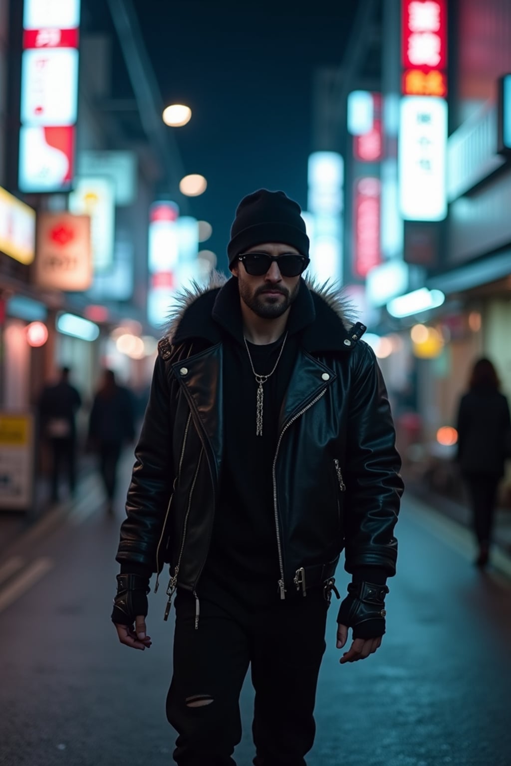 Walking through the streets of Tokyo at night.  Leather jacket, cyberpunk techwear, glowing background. AI cinematic photography.