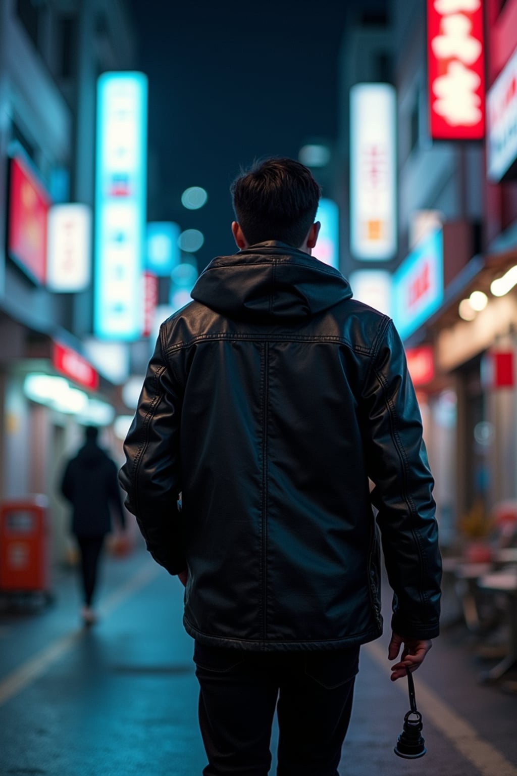 Walking through the streets of Tokyo at night.  Leather jacket, cyberpunk techwear, glowing background. AI cinematic photography.