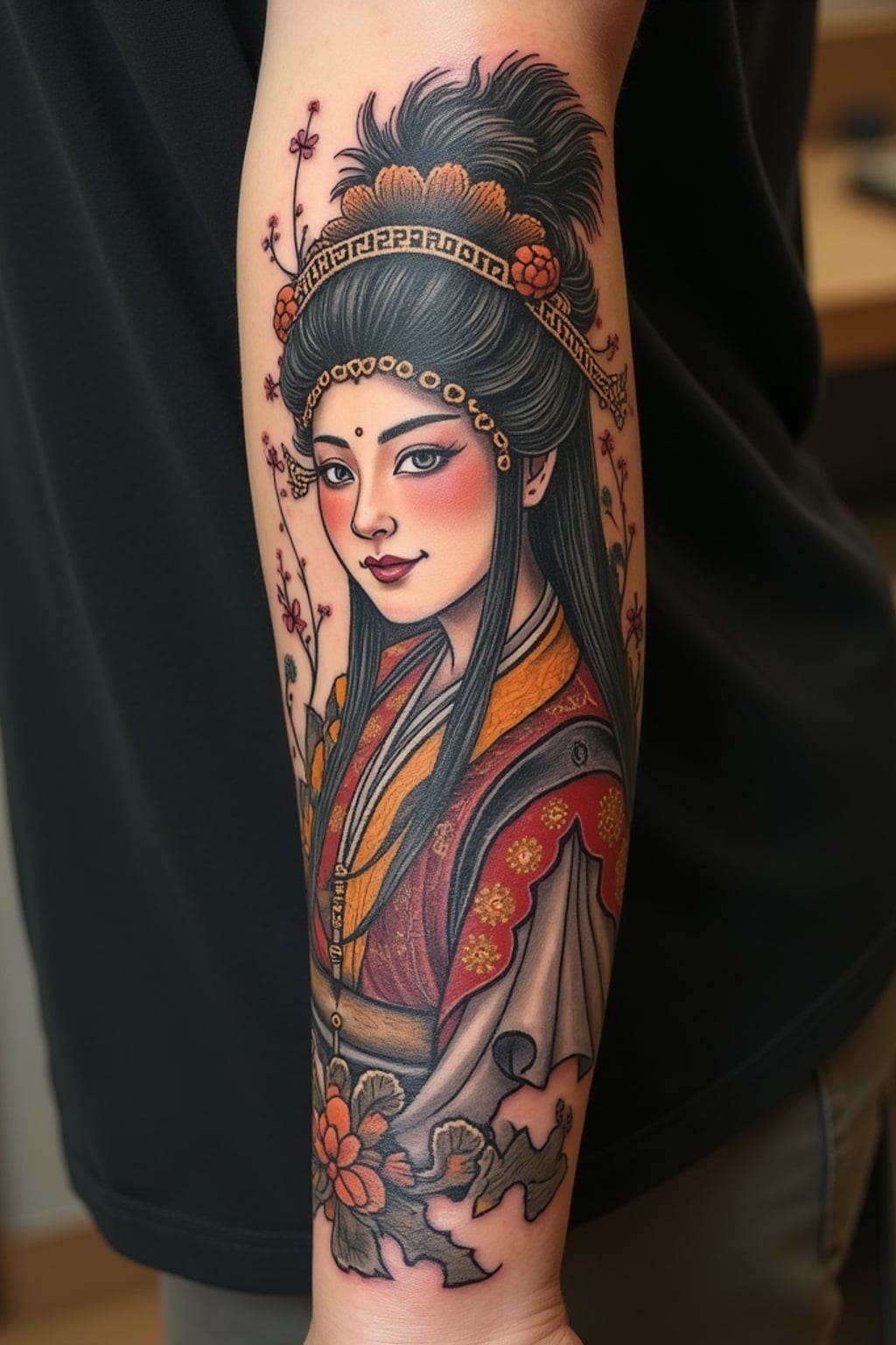 Model with a mythological tattoo inspiration. Greek goddess Athena tattooed on the forearm, finely detailed . Renaissance art inspiration.