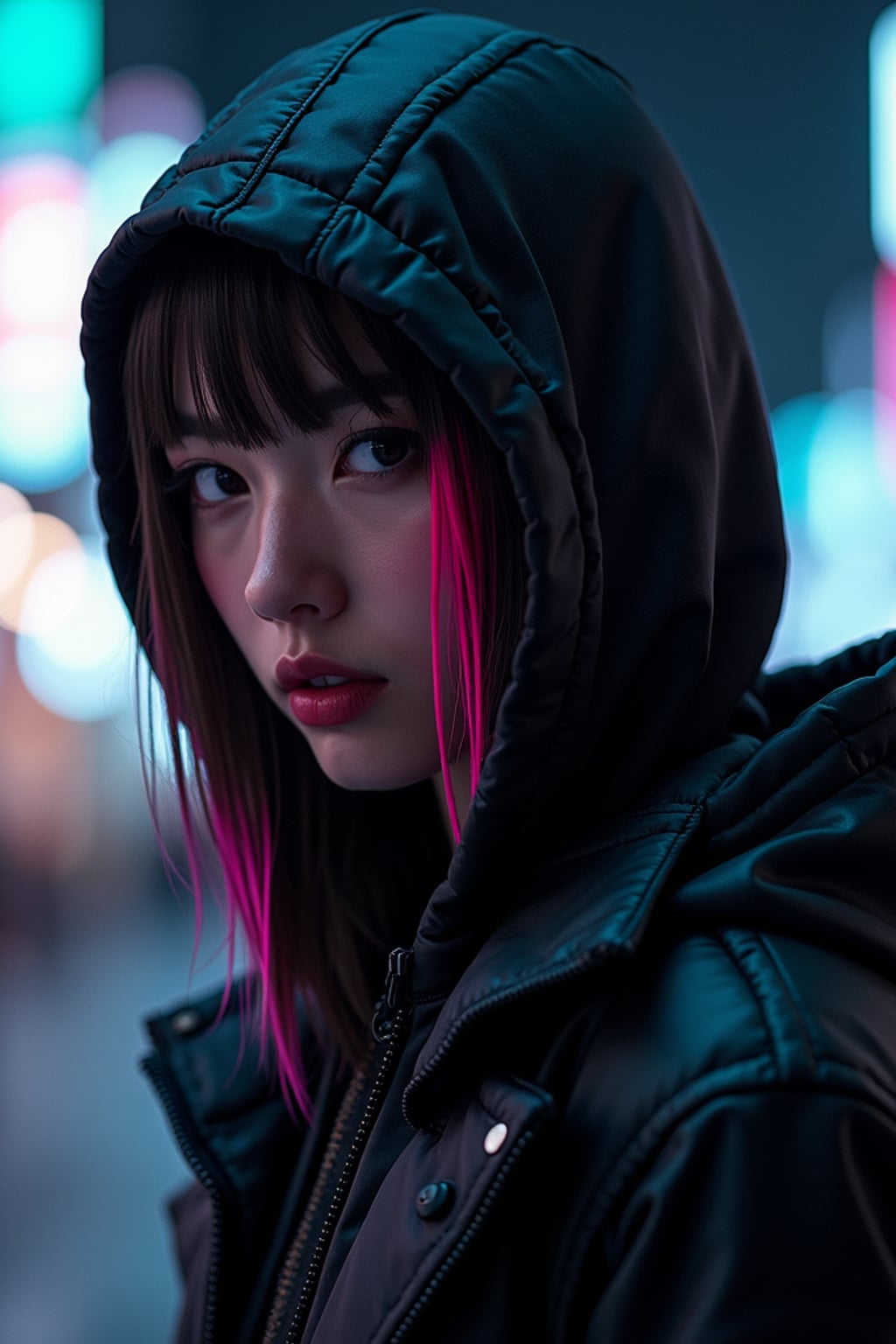 Cyberpunk Tokyo portrait.  Dark hoodie, neon streaks in hair, futuristic techwear. Blade Runner aesthetic.