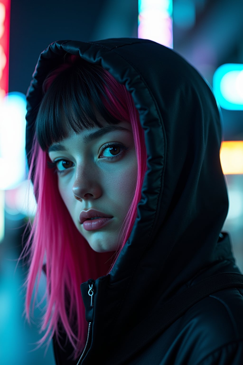 Cyberpunk Tokyo portrait.  Dark hoodie, neon streaks in hair, futuristic techwear. Blade Runner aesthetic.