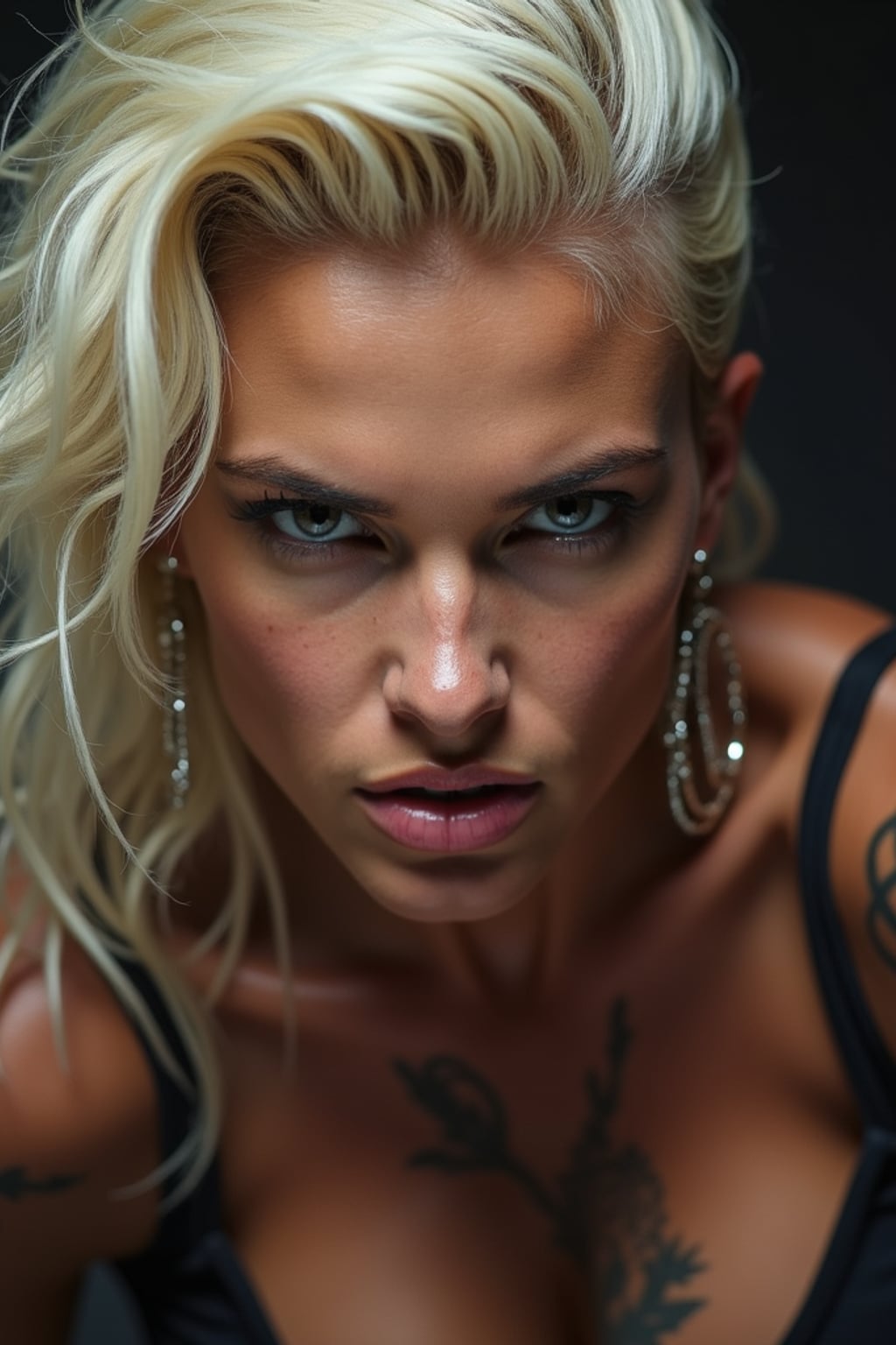 full body photo of Dramatic close-up for a 1990s album cover, intense expression. Looking fierce with platinum blonde hair and tattoos .