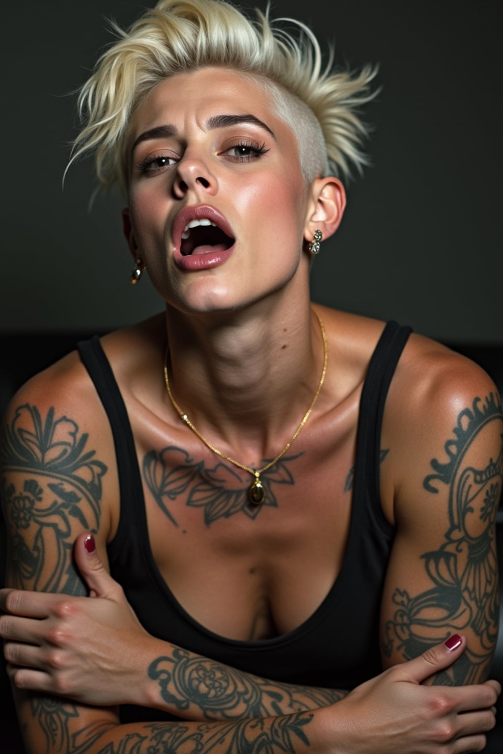 full body photo of Dramatic close-up for a 1990s album cover, intense expression. Looking fierce with platinum blonde hair and tattoos .