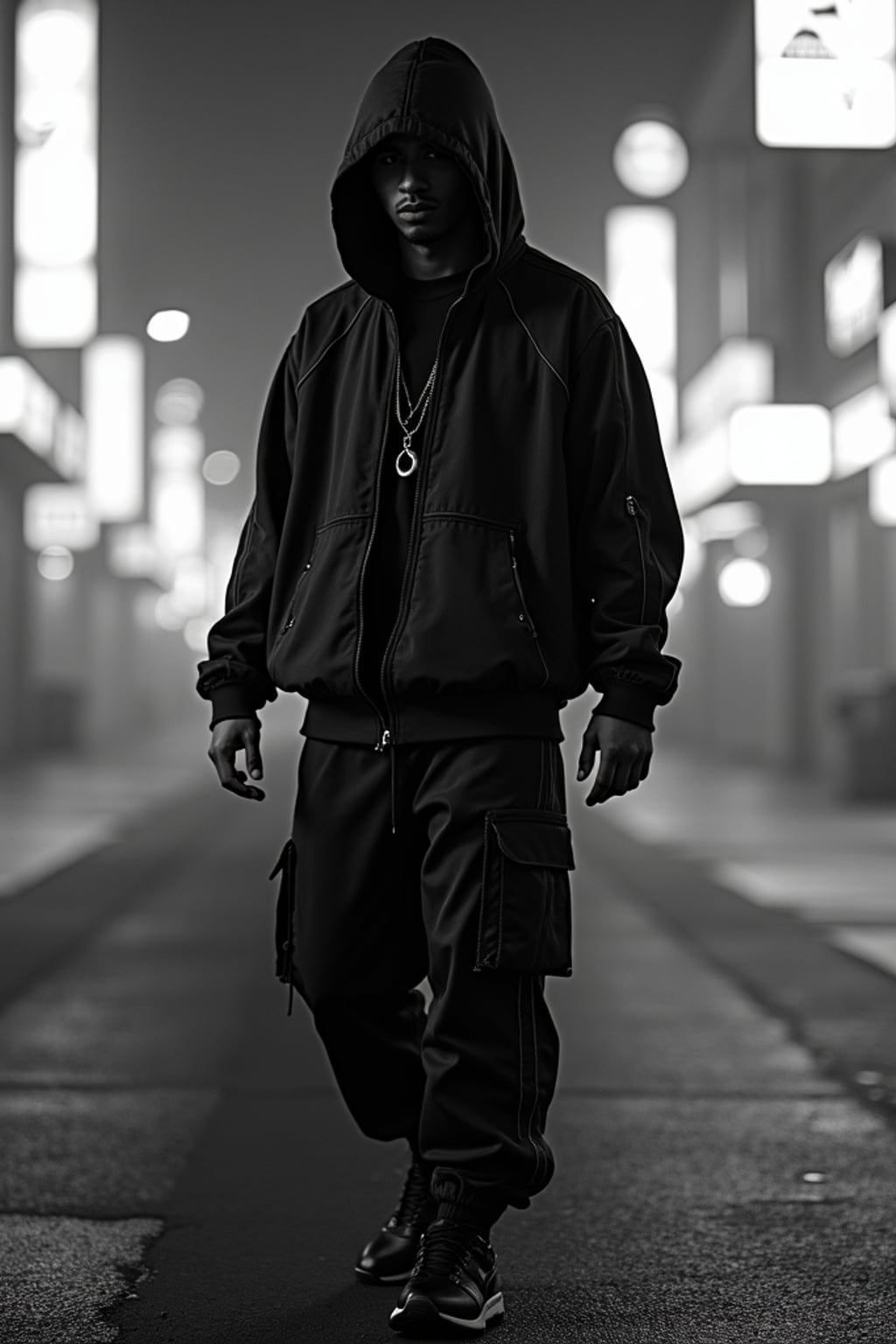 black and white album cover, full body photo of Neon-lit 1990s rap album aesthetic, cyberpunk background. Wearing a futuristic tracksuit, striking rap pose . Sci-fi hip-hop crossover.