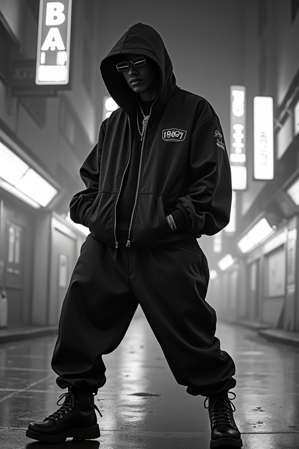 black and white album cover, full body photo of Neon-lit 1990s rap album aesthetic, cyberpunk background. Wearing a futuristic tracksuit, striking rap pose . Sci-fi hip-hop crossover.