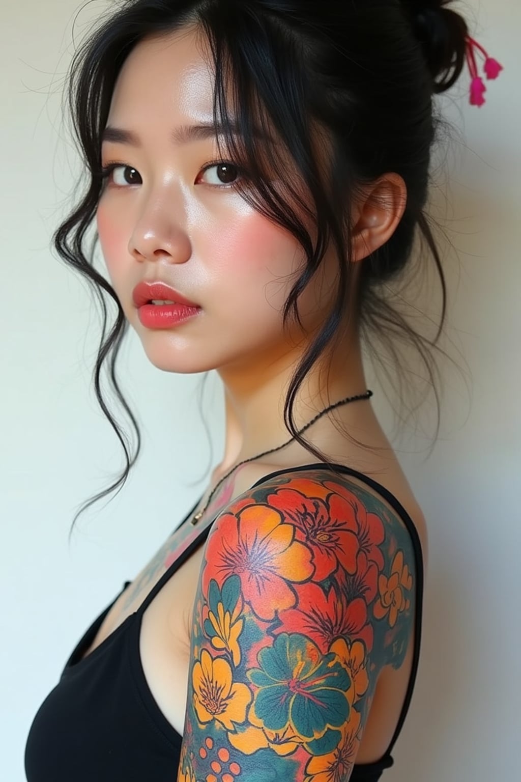 Model with an abstract watercolor tattoos. Brightly colored abstract tattoos on arms and shoulders . Experimental tattoo art.