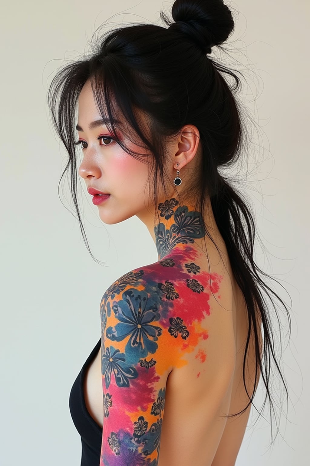 Model with an abstract watercolor tattoos. Brightly colored abstract tattoos on arms and shoulders . Experimental tattoo art.