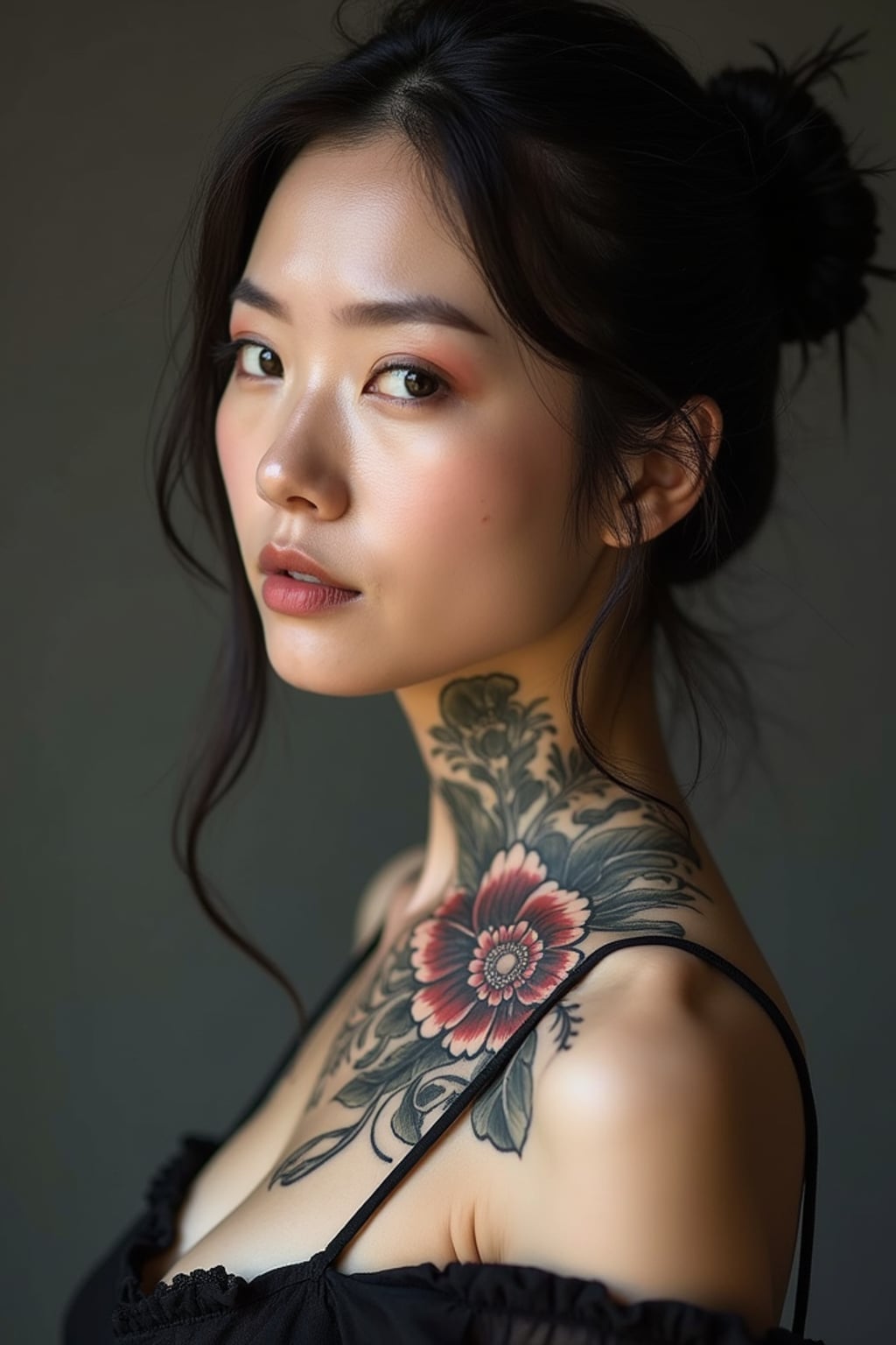 Model with a neck tattoo focus, bold statement ink. Elegant script or rose tattoo on the side of the neck . Strong, confident expression.