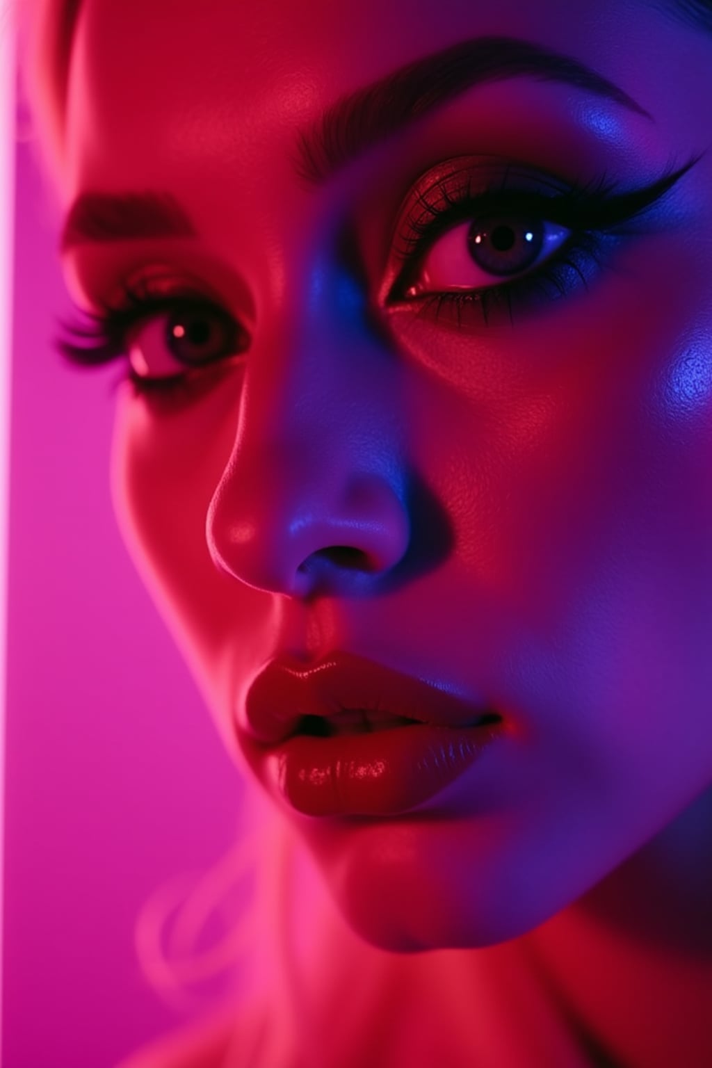 Close-up portrait under glowing neon signs. Pink and purple lighting, high-contrast makeup . Sci-fi inspired photography.
