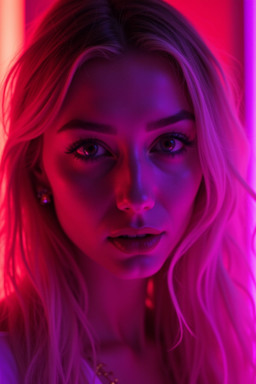 Close-up portrait under glowing neon signs. Pink and purple lighting, high-contrast makeup . Sci-fi inspired photography.