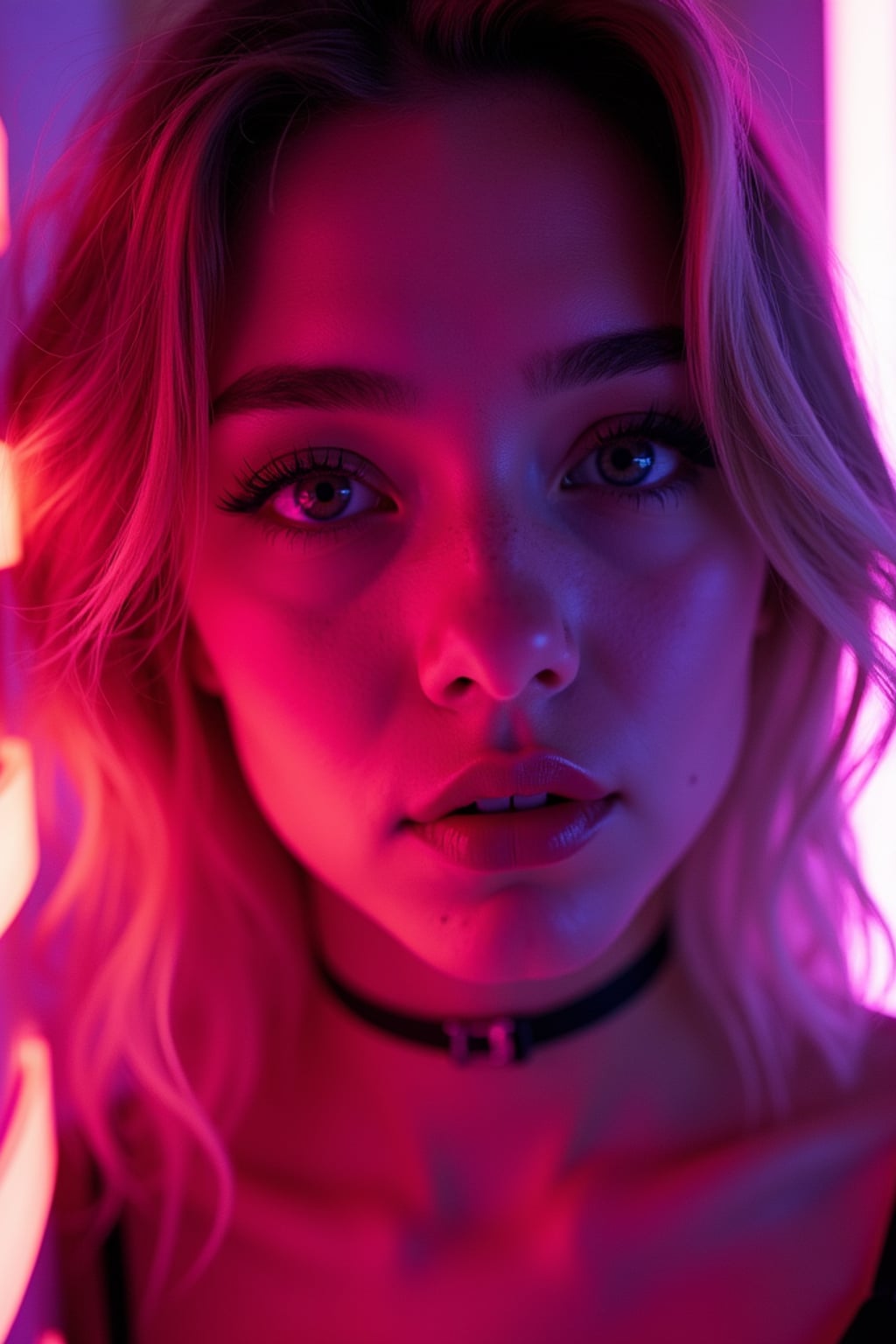 Close-up portrait under glowing neon signs. Pink and purple lighting, high-contrast makeup . Sci-fi inspired photography.