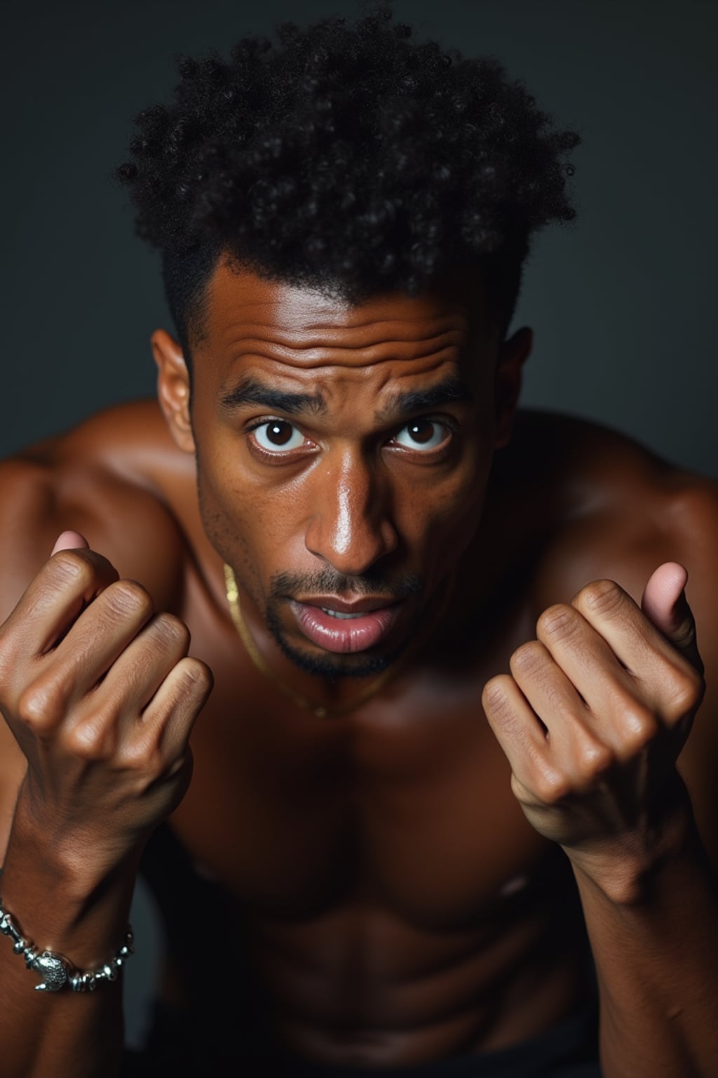 full body photo of Dramatic close-up for a 1990s album cover, intense expression.  Tough rap icon stance, flexing rings.
