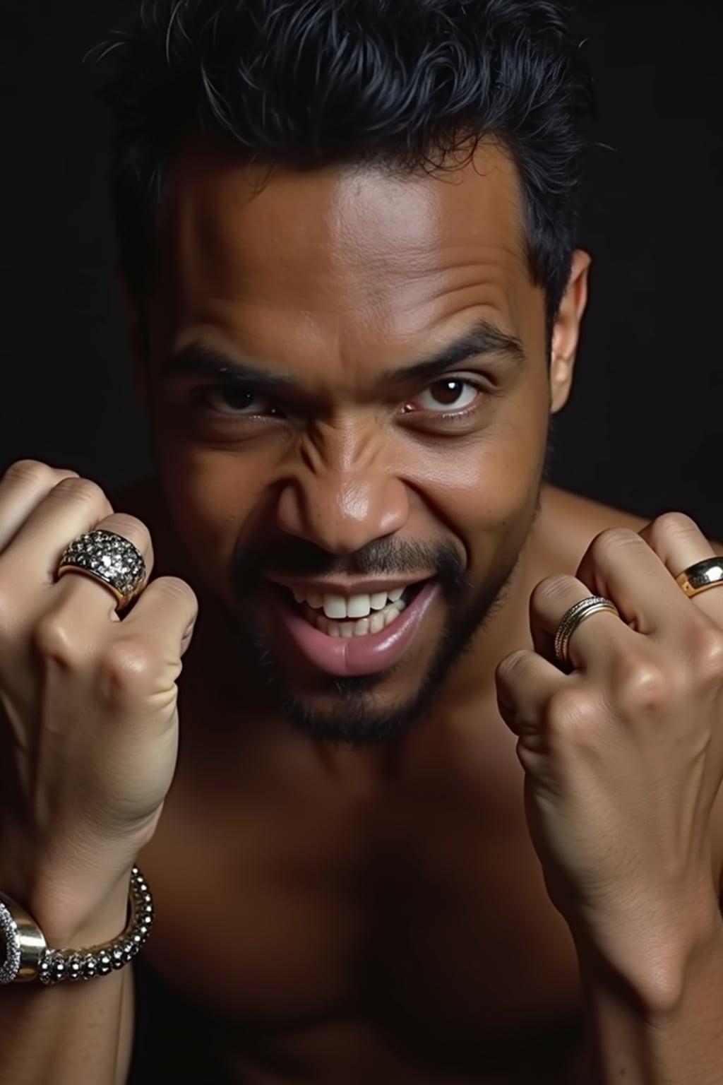 full body photo of Dramatic close-up for a 1990s album cover, intense expression.  Tough rap icon stance, flexing rings.