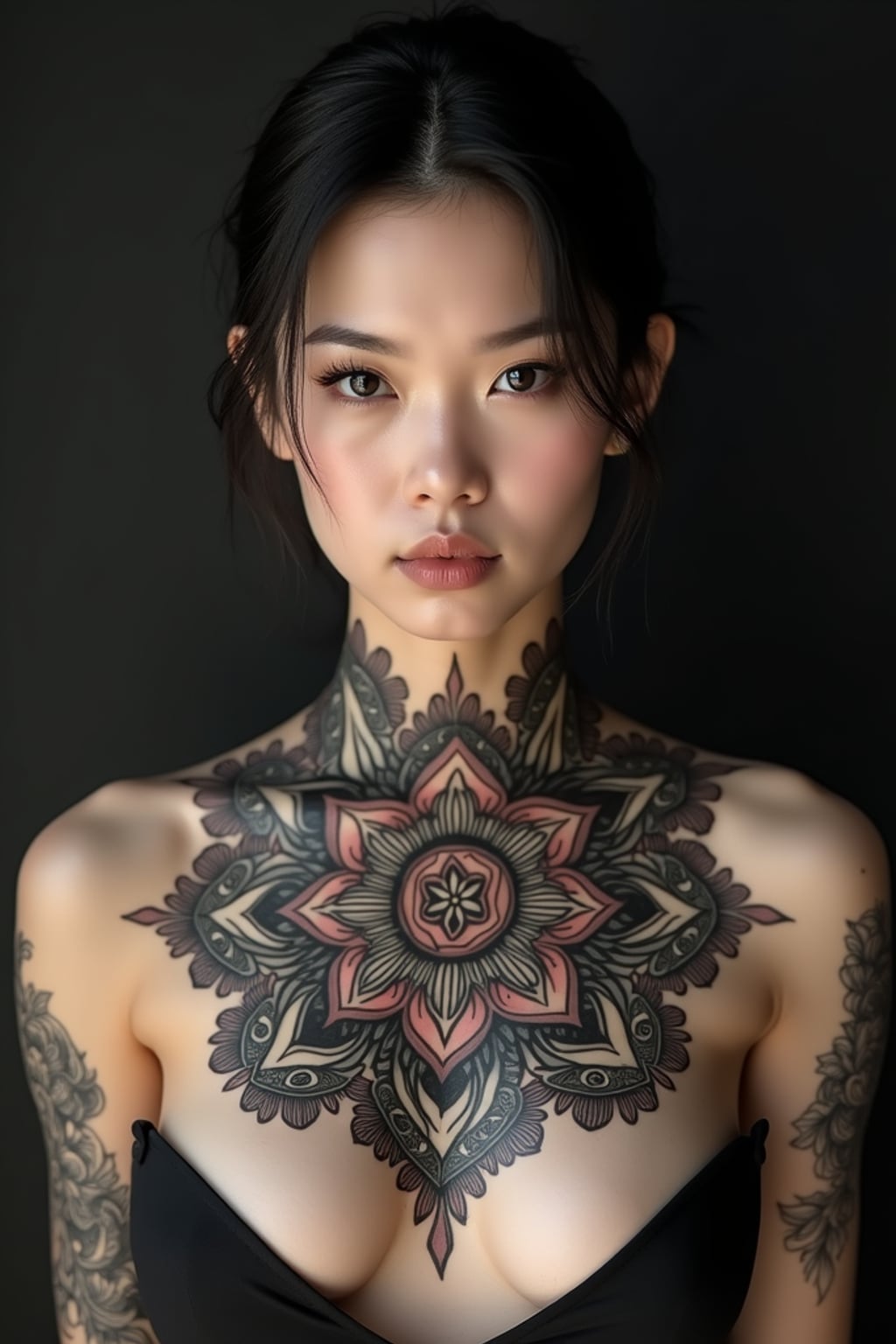 Model with a chest tattoo showcase. Mandala-style chest tattoo, elegant symmetry . Deep shadows, powerful look.