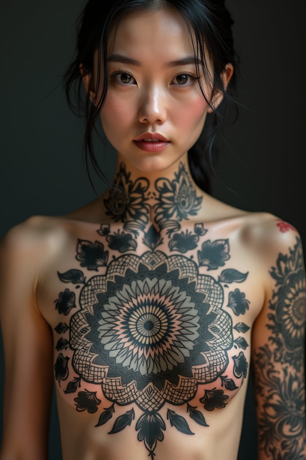 Model with a chest tattoo showcase. Mandala-style chest tattoo, elegant symmetry . Deep shadows, powerful look.