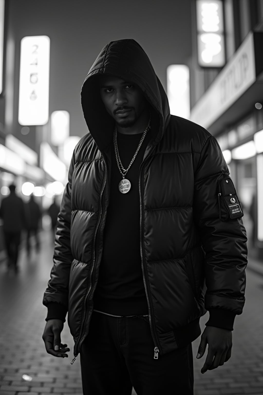 black and white album cover, full body photo of Neon-lit 1990s rap album aesthetic, cyberpunk background.  Glowing city lights, rap performance stance. Sci-fi hip-hop crossover.