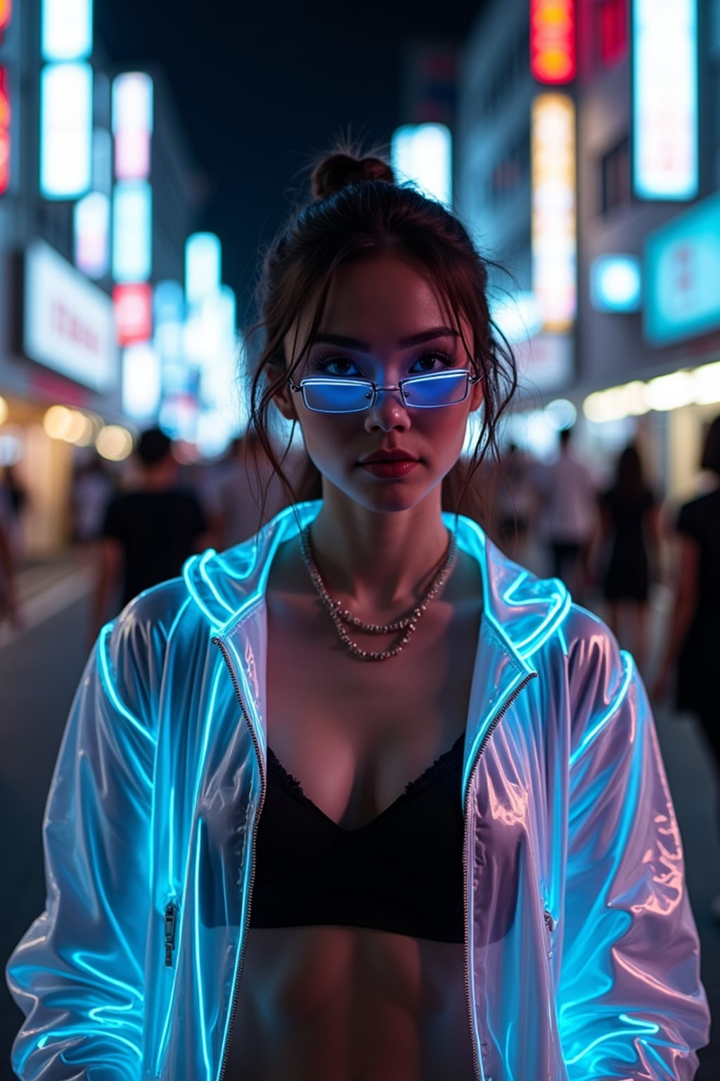 Walking through the streets of Tokyo at night. Holographic jacket, neon eyeliner, futuristic style . AI cinematic photography.