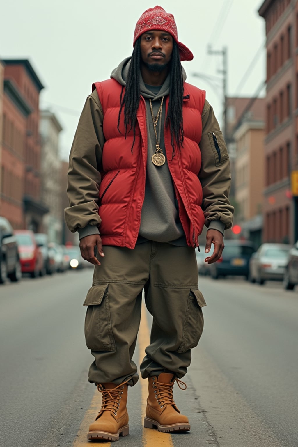full body photo of High-energy street 1990s rap photoshoot.  Timberlands, bandana, rap star energy. Classic 90s hip-hop vibes.
