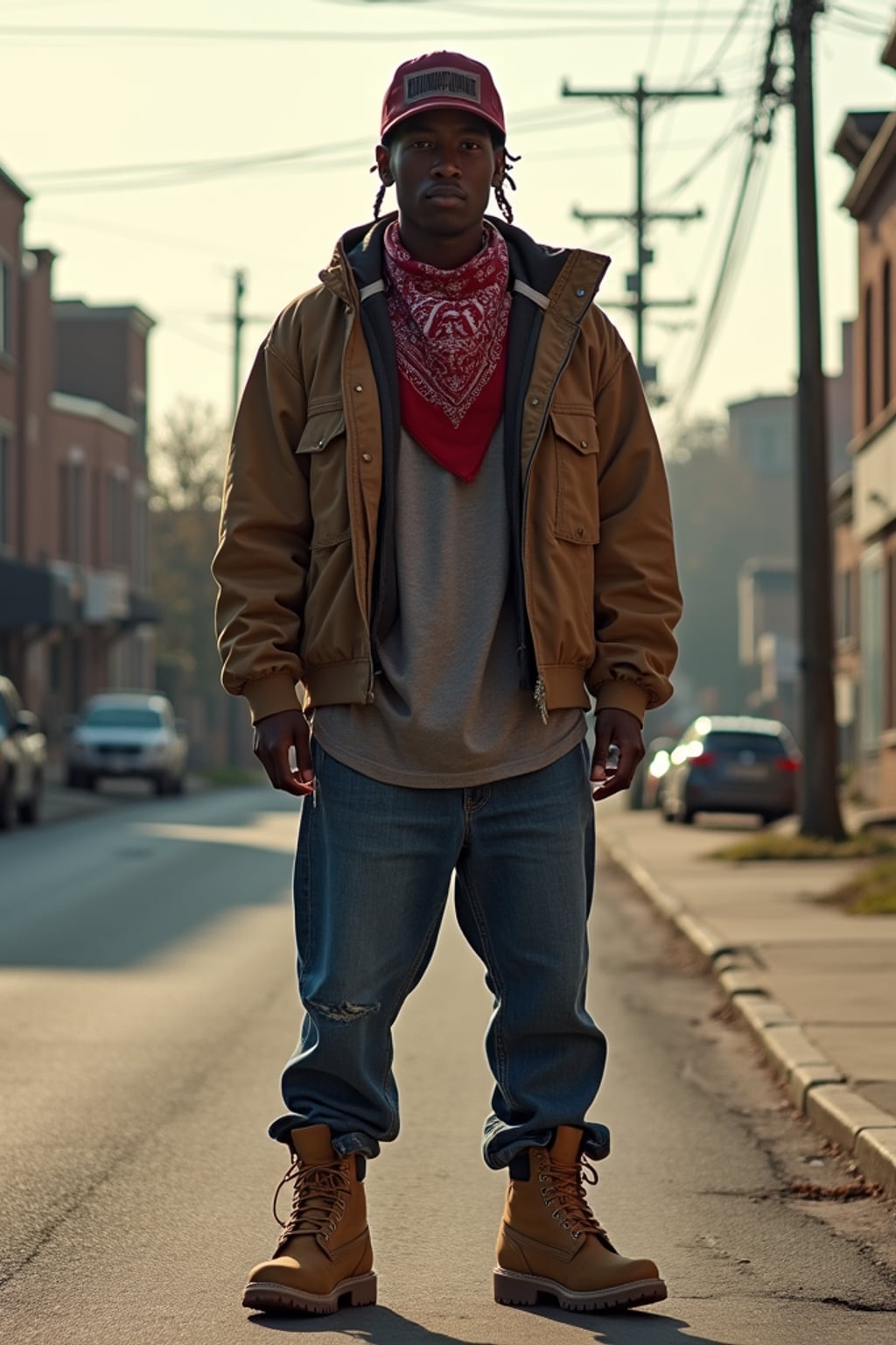 full body photo of High-energy street 1990s rap photoshoot.  Timberlands, bandana, rap star energy. Classic 90s hip-hop vibes.