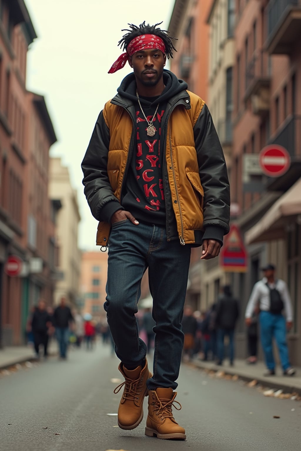 full body photo of High-energy street 1990s rap photoshoot.  Timberlands, bandana, rap star energy. Classic 90s hip-hop vibes.