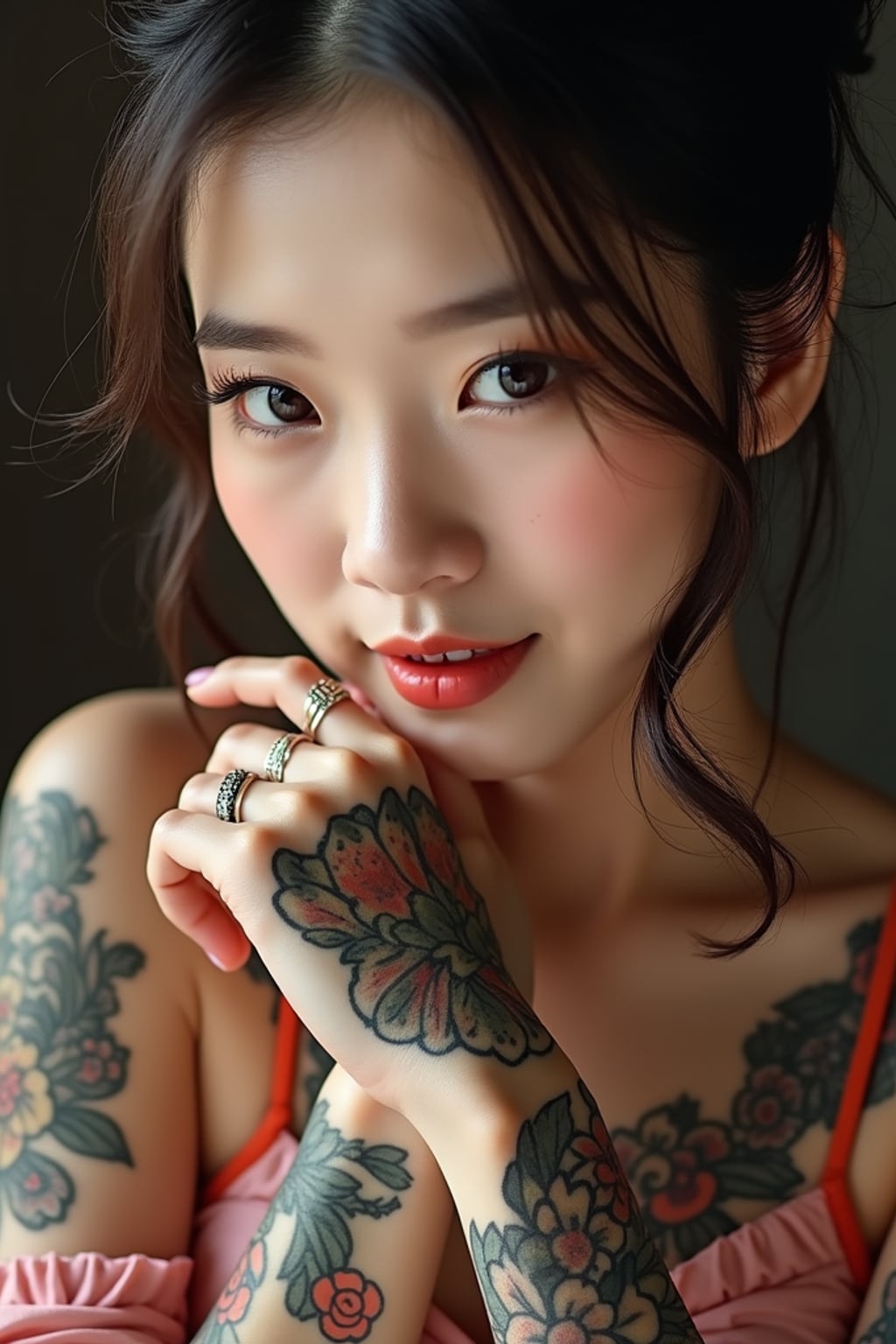 Model with tattooed hands, detailed close-up. Delicate finger tattoos, jewelry accents . High-quality tattoo reference.