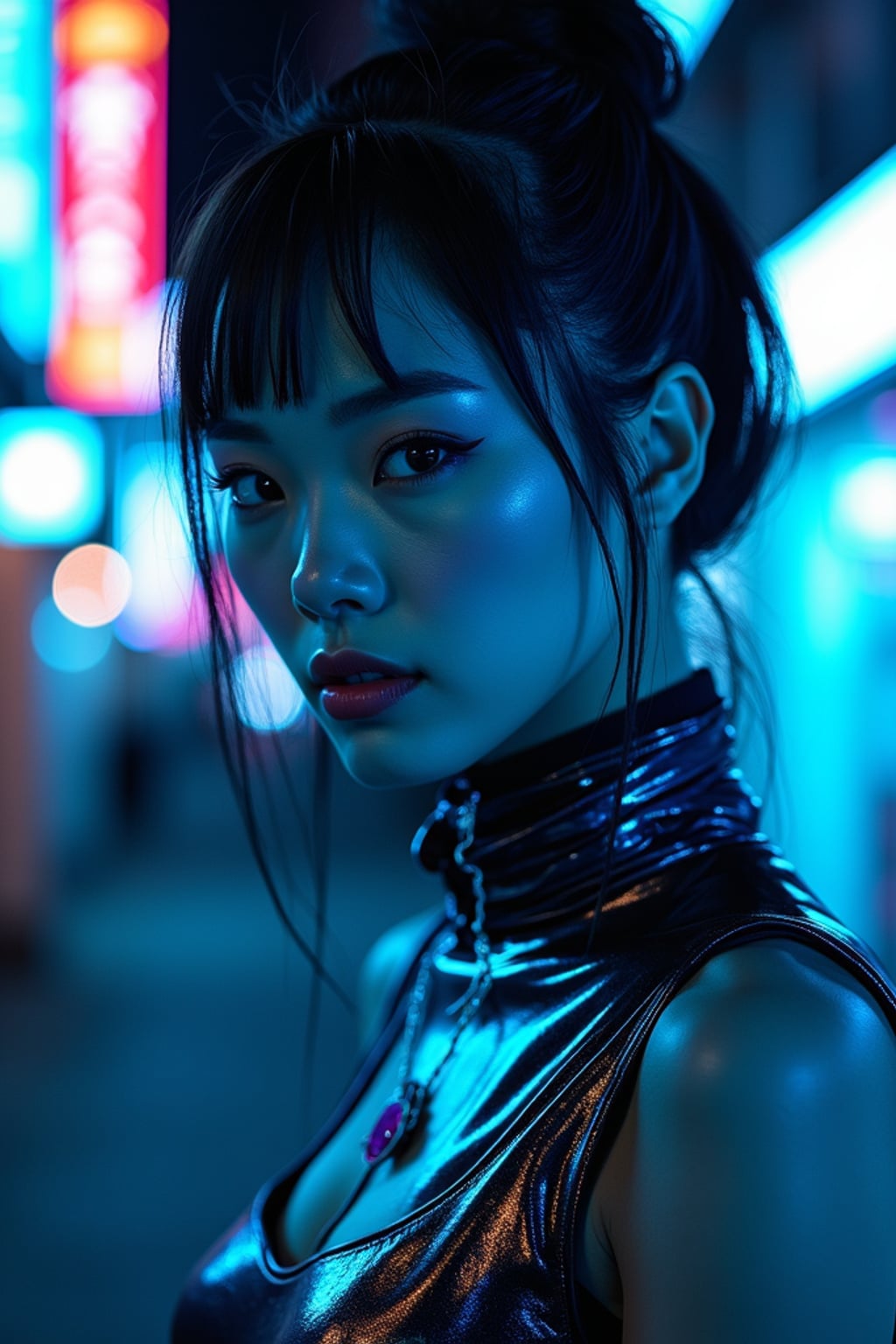 Cyberpunk Tokyo portrait. Blue neon lights reflecting off metallic dress, futuristic makeup . Blade Runner aesthetic.