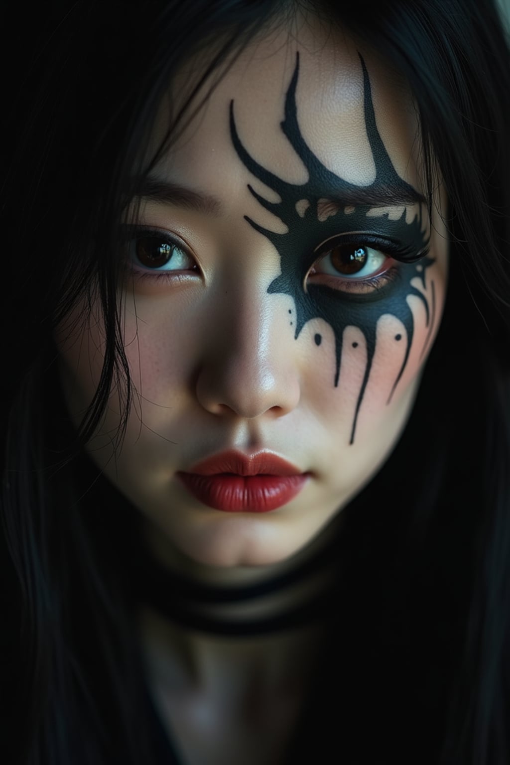 Model with a face tattoo portrait. Subtle design under the eye, gothic aesthetic . Dark moody lighting.