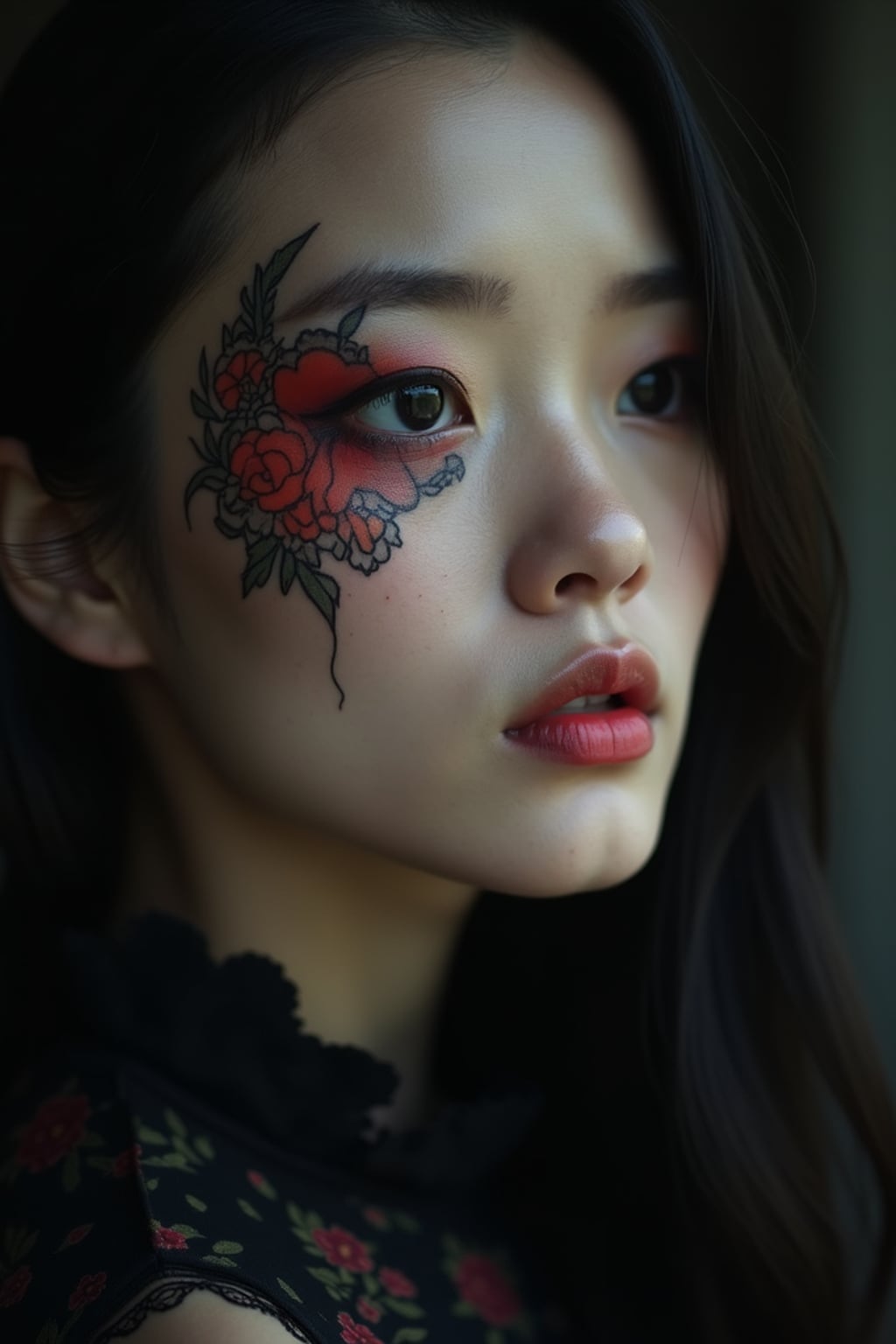 Model with a face tattoo portrait. Subtle design under the eye, gothic aesthetic . Dark moody lighting.
