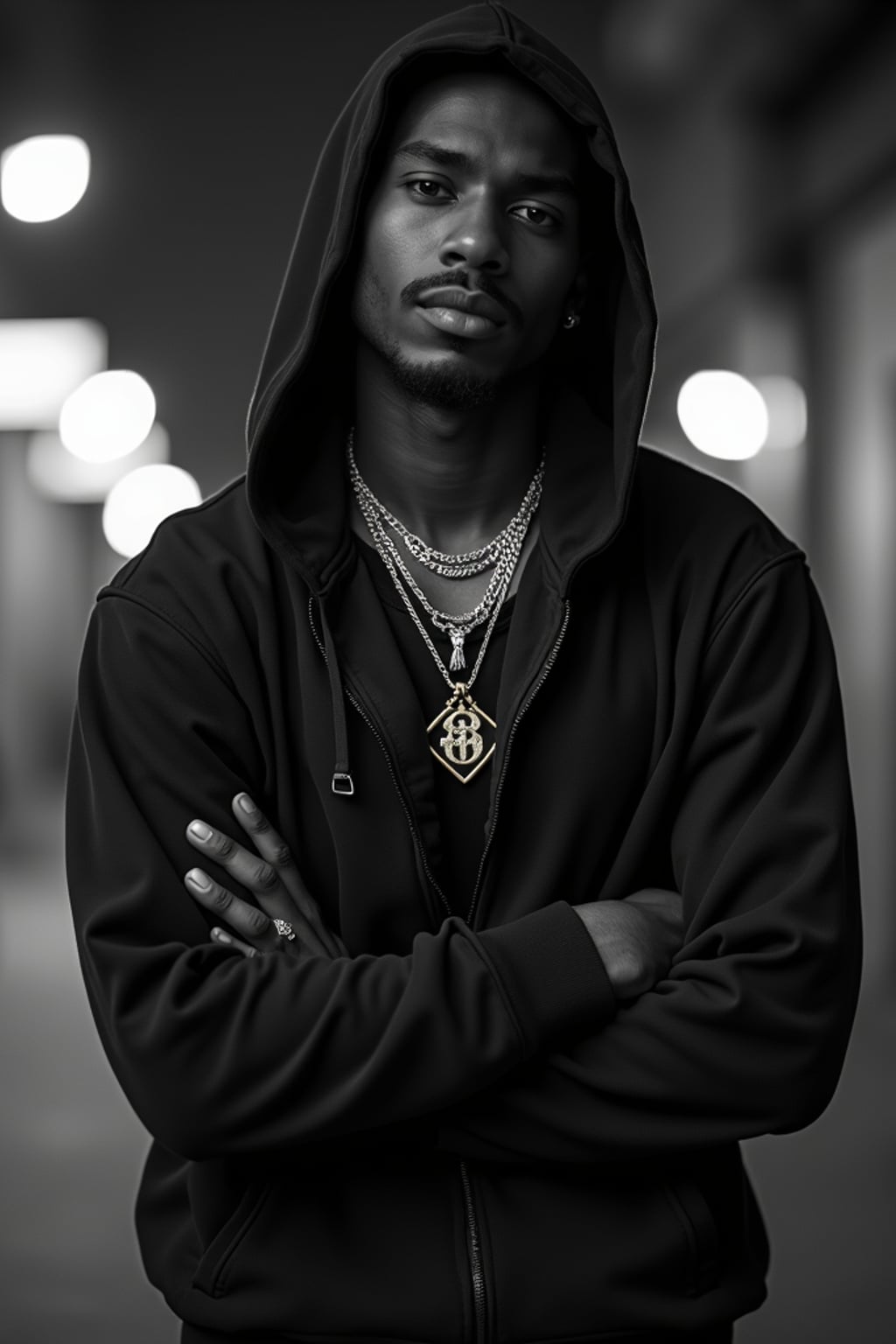 black and white album cover, full body photo of Model posing for a 1990s rap album cover.  Wearing a hoodie, gold grill, flexing jewelry. Dark moody lighting, urban backdrop.