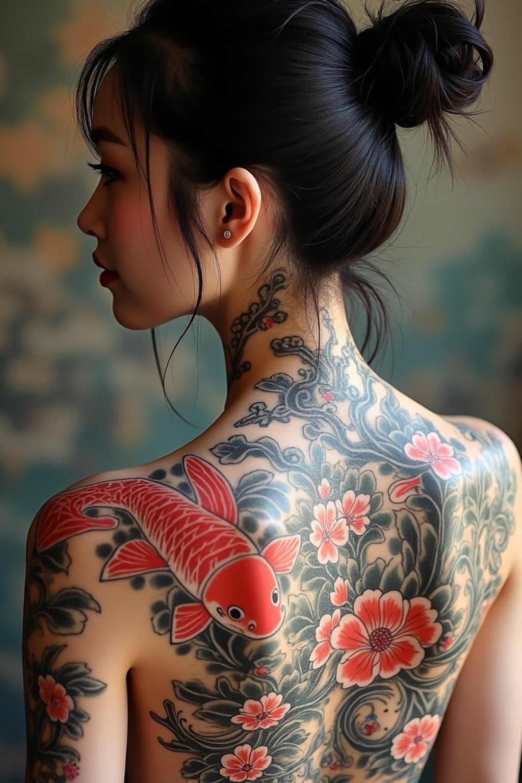 Model with a traditional Japanese tattoos covering the back and shoulders. Intricate koi fish and cherry blossom tattoo . Artistic realism.
