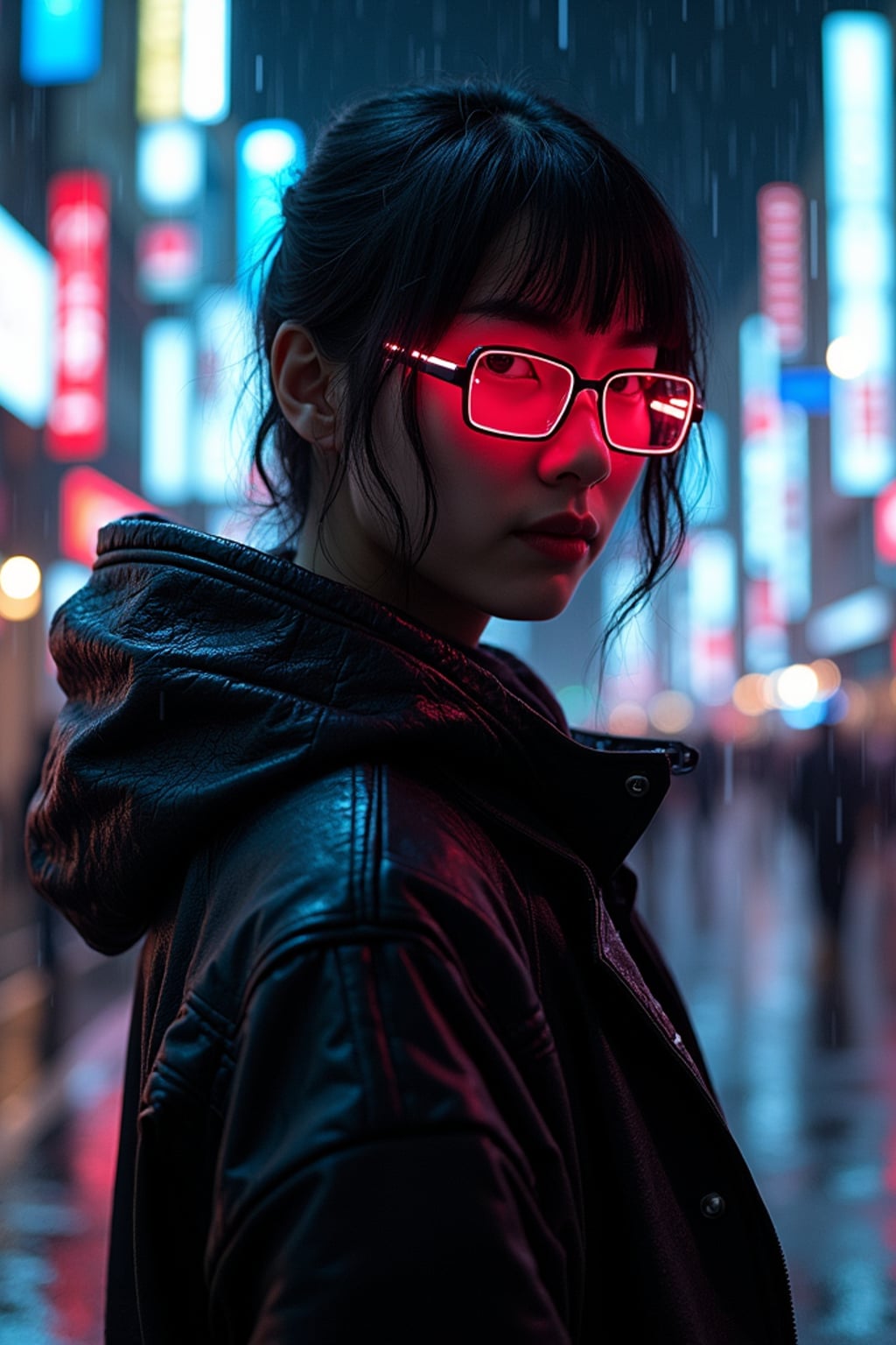 Rainy night in Shibuya, reflections of neon lights on the wet streets.  Dark neon-lit outfit, glowing cyberpunk glasses. Cyberpunk realism.