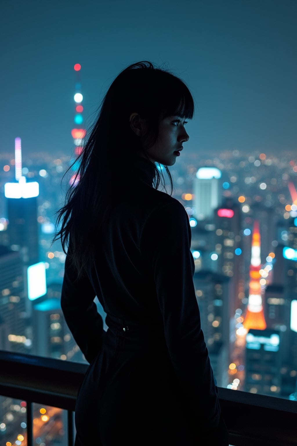 Tokyo rooftop photoshoot at night.  Dark futuristic fashion, standing against neon skyline. Breathtaking cityscape photography.