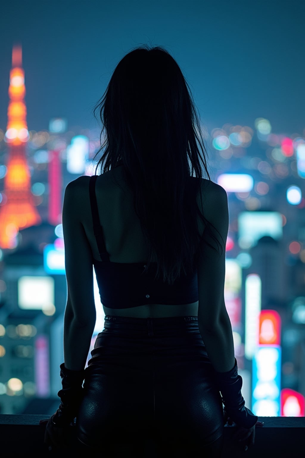 Tokyo rooftop photoshoot at night.  Dark futuristic fashion, standing against neon skyline. Breathtaking cityscape photography.