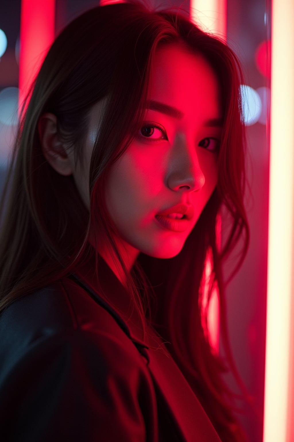 Close-up portrait under glowing neon signs.  Shadows and glowing reflections, cool futuristic aesthetic. Sci-fi inspired photography.