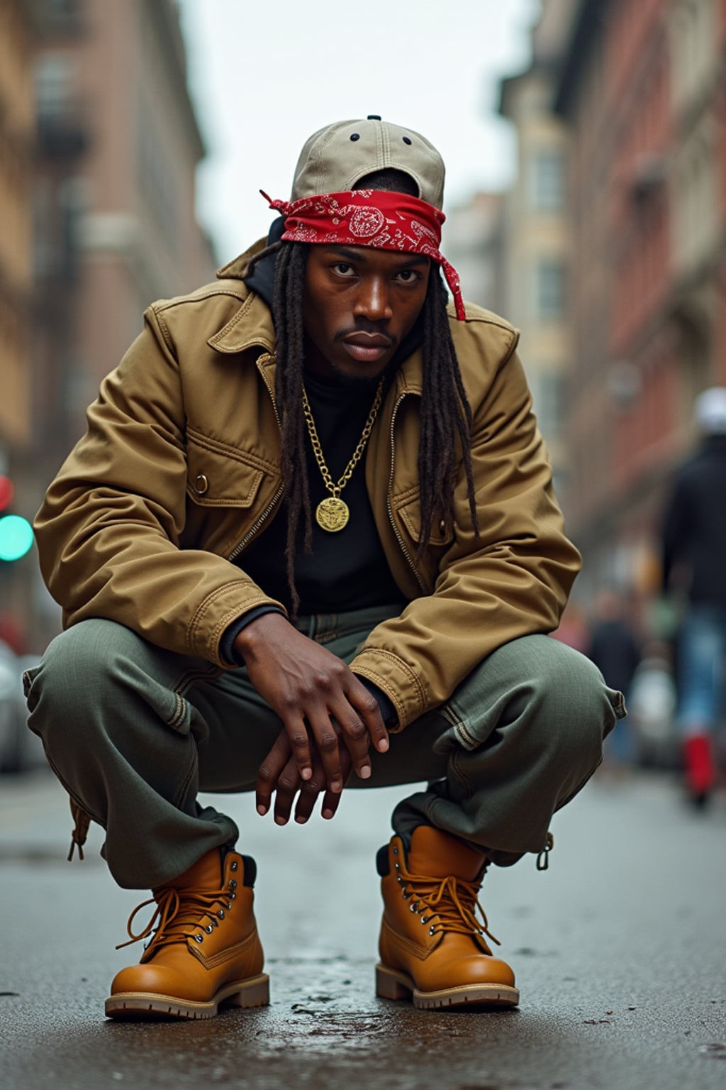 full body photo of High-energy street 1990s rap photoshoot.  Timberlands, bandana, rap star energy. Classic 90s hip-hop vibes.