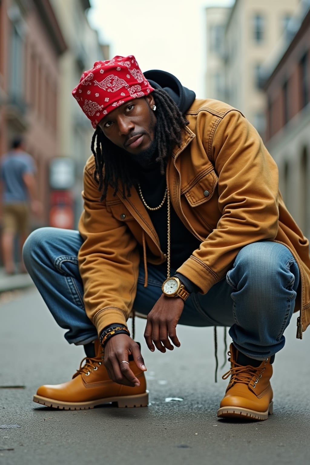 full body photo of High-energy street 1990s rap photoshoot.  Timberlands, bandana, rap star energy. Classic 90s hip-hop vibes.