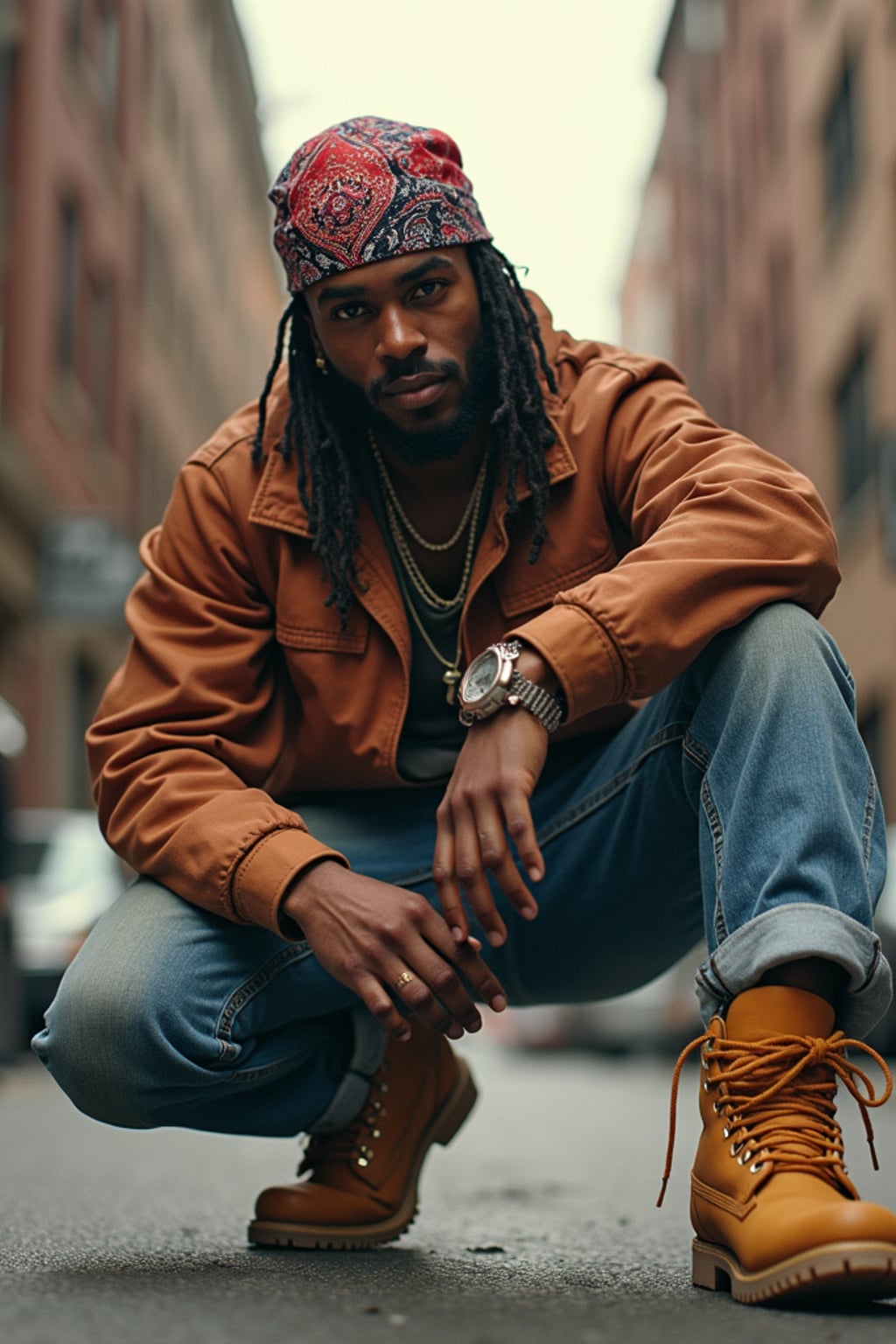 full body photo of High-energy street 1990s rap photoshoot.  Timberlands, bandana, rap star energy. Classic 90s hip-hop vibes.