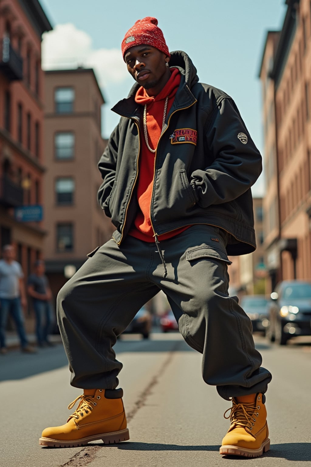 full body photo of High-energy street 1990s rap photoshoot.  Timberlands, bandana, rap star energy. Classic 90s hip-hop vibes.