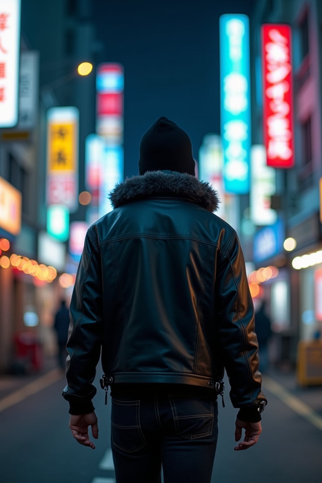 Walking through the streets of Tokyo at night.  Leather jacket, cyberpunk techwear, glowing background. AI cinematic photography.
