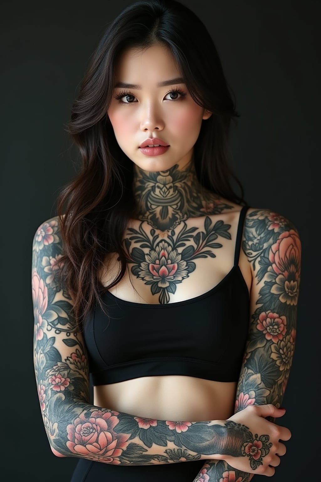 Model with a full sleeve tattoo, intricate tattoo. Wearing a cropped top, showing off arm tattoos . Detailed tattoo art, high contrast photography.
