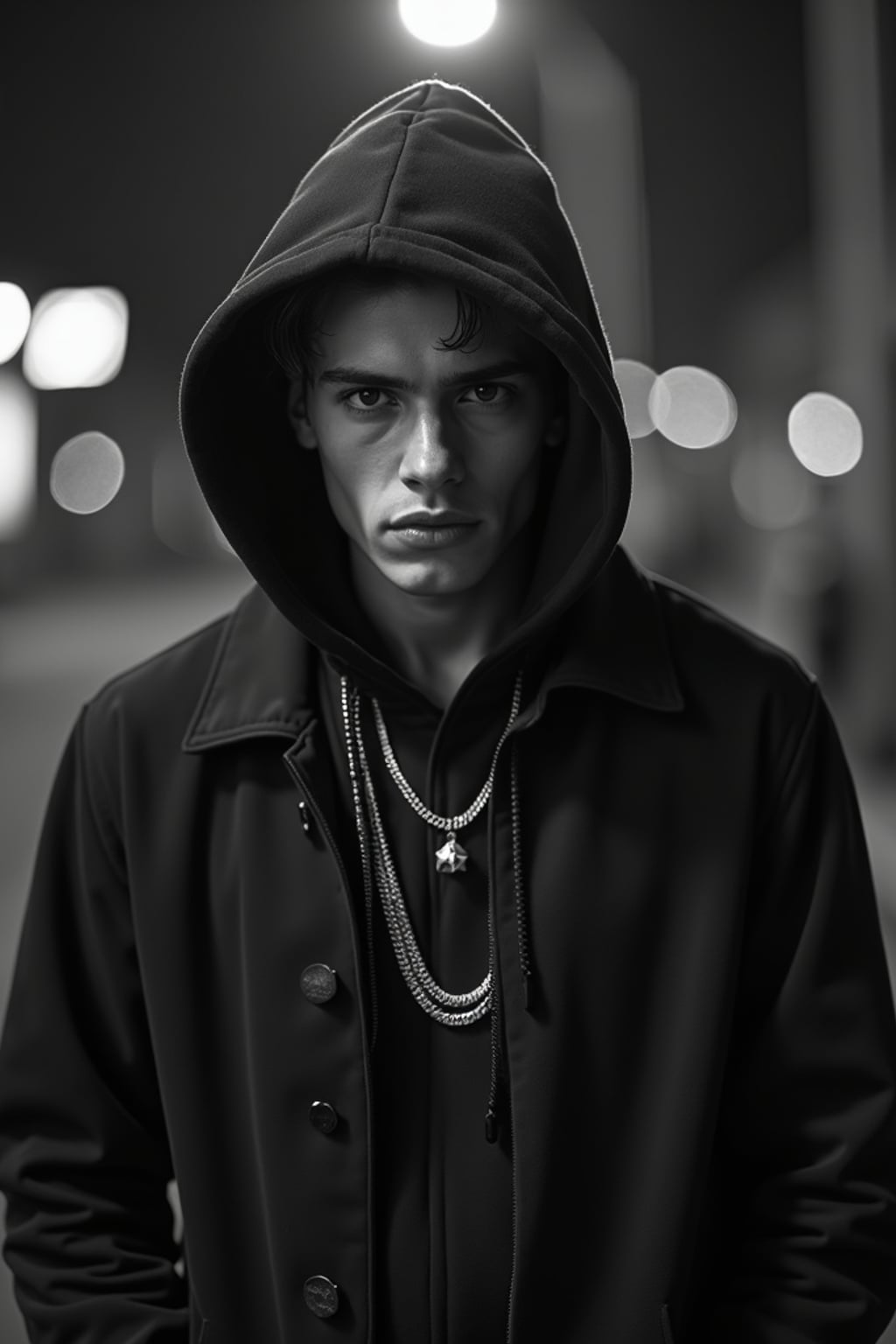 black and white album cover, full body photo of Model posing for a 1990s rap album cover.  Wearing a hoodie, gold grill, flexing jewelry. Dark moody lighting, urban backdrop.