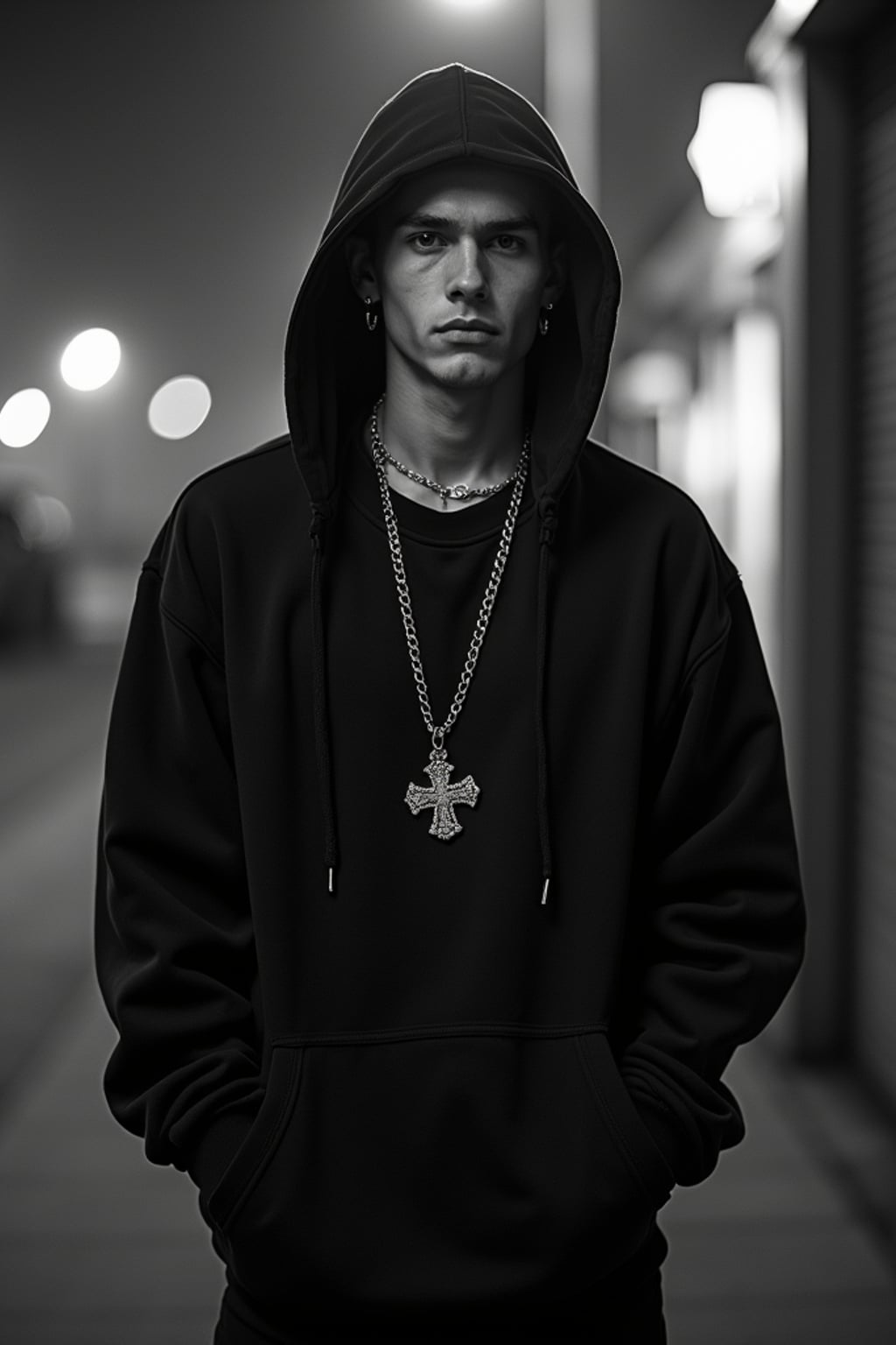 black and white album cover, full body photo of Model posing for a 1990s rap album cover.  Wearing a hoodie, gold grill, flexing jewelry. Dark moody lighting, urban backdrop.