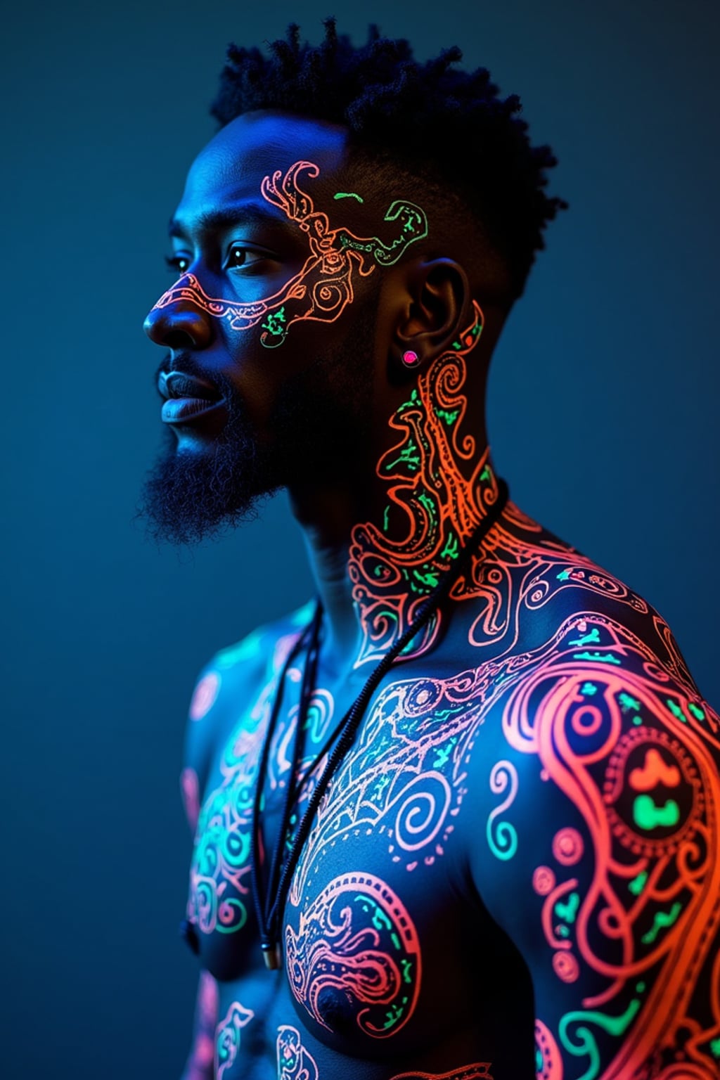 Model with glowing UV ink tattoos.  Cyberpunk neon ink details, futuristic body art. Sci-fi-inspired tattoos.